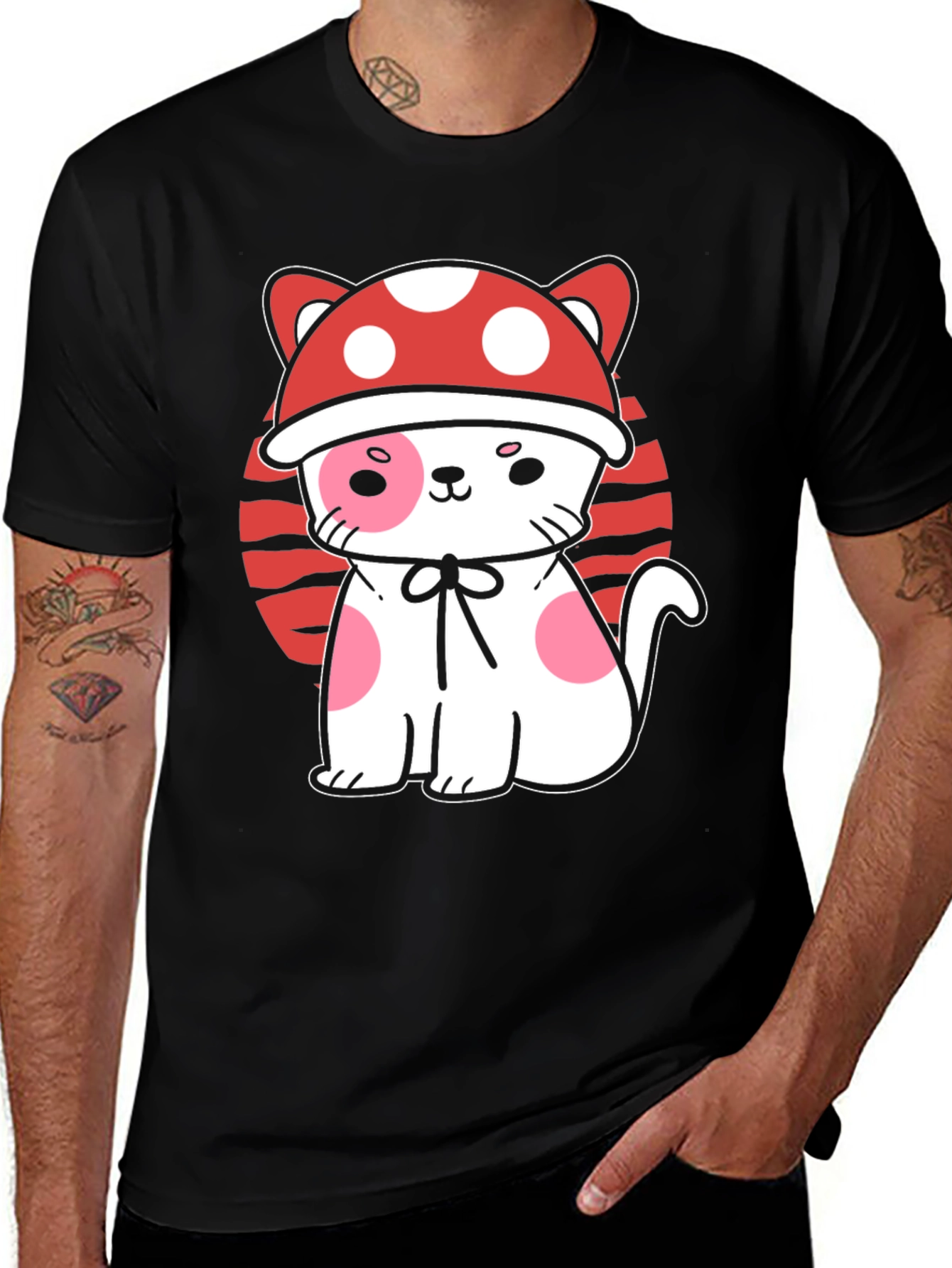 Mushroom Cat Graphic Tee - Black Cotton T-Shirt
