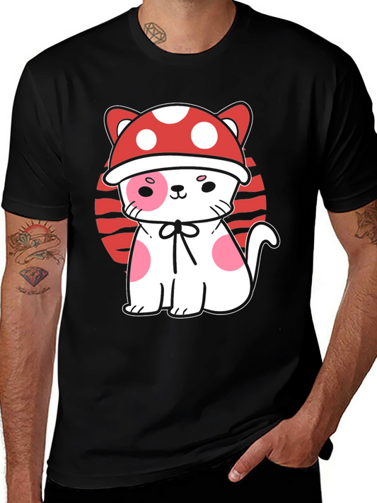 Mushroom Cat Graphic Tee - Black Cotton T-Shirt