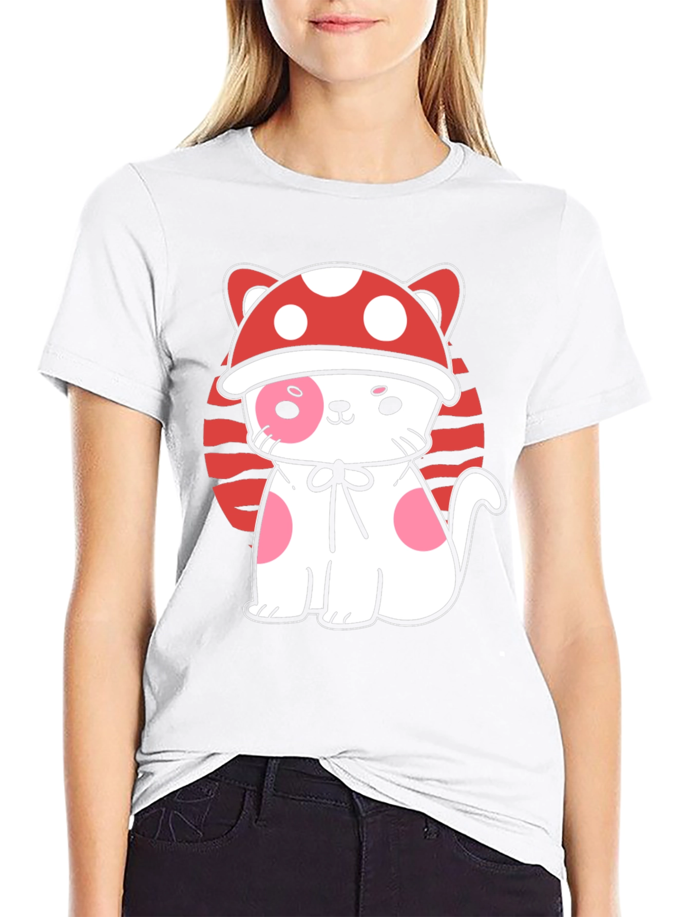 Mushroom Cat Graphic Tee - Black Cotton T-Shirt