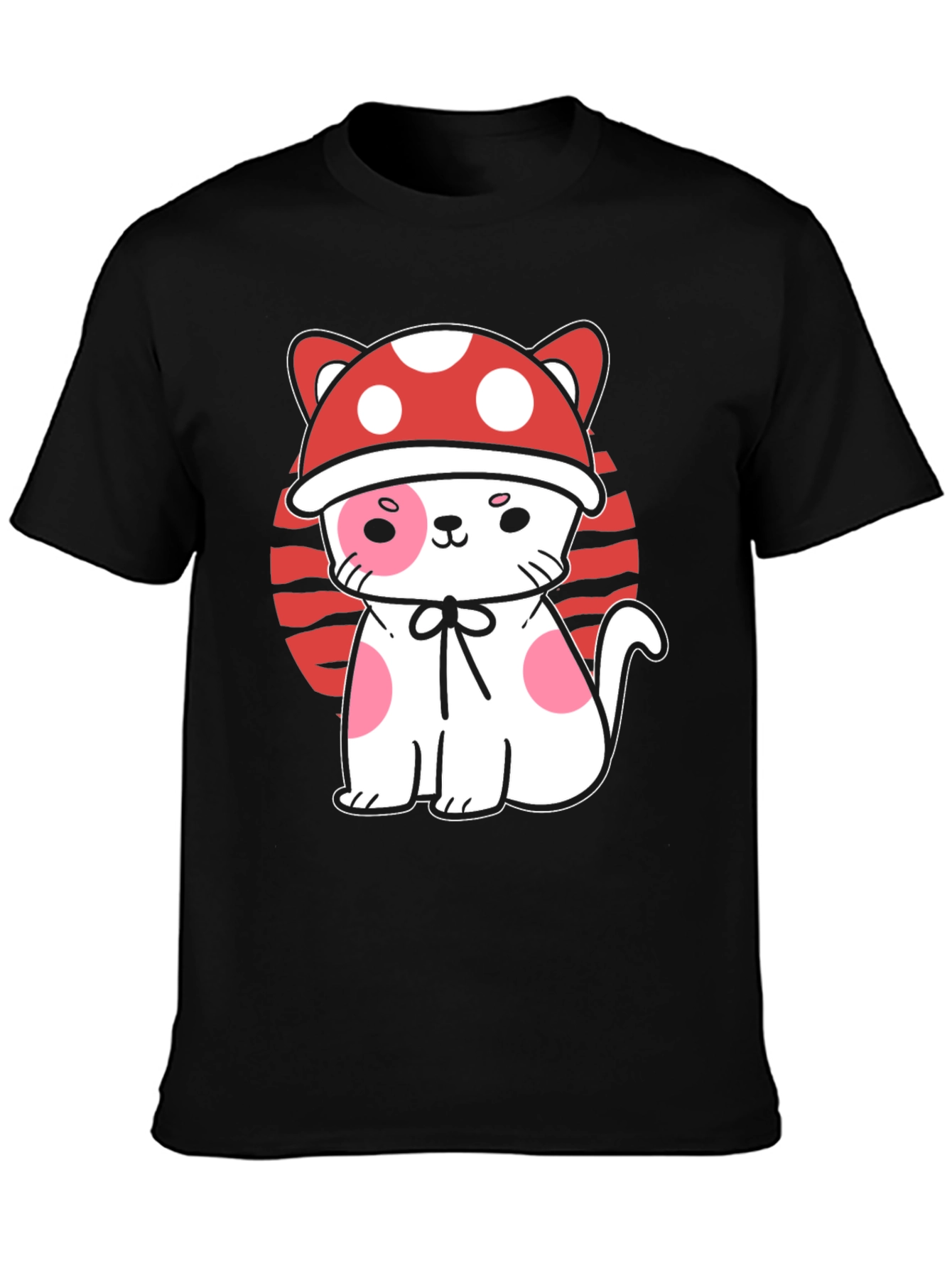 Mushroom Cat Graphic Tee - Black Cotton T-Shirt