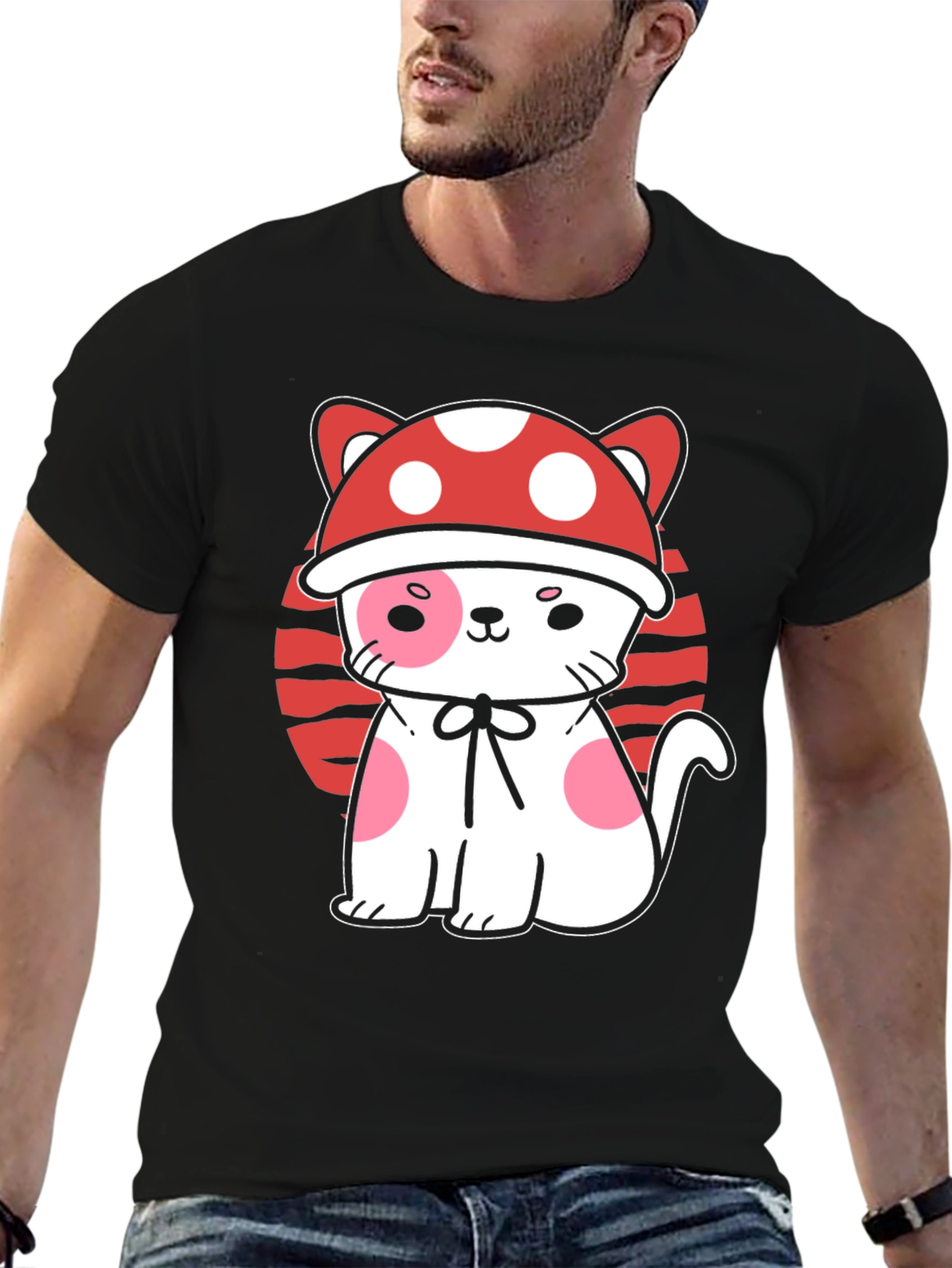 Mushroom Cat Graphic Tee - Black Cotton T-Shirt