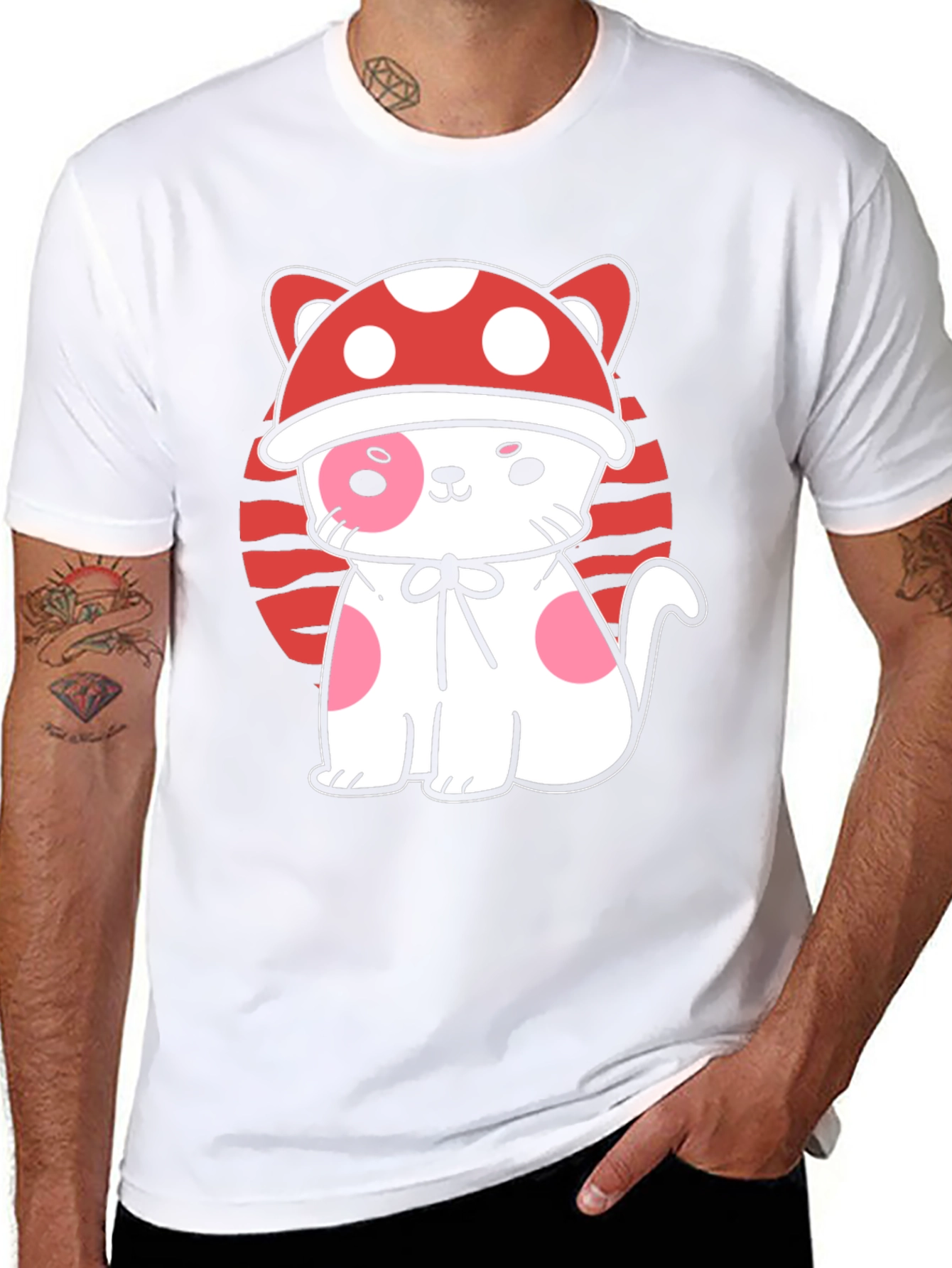 Mushroom Cat Graphic Tee - Black Cotton T-Shirt