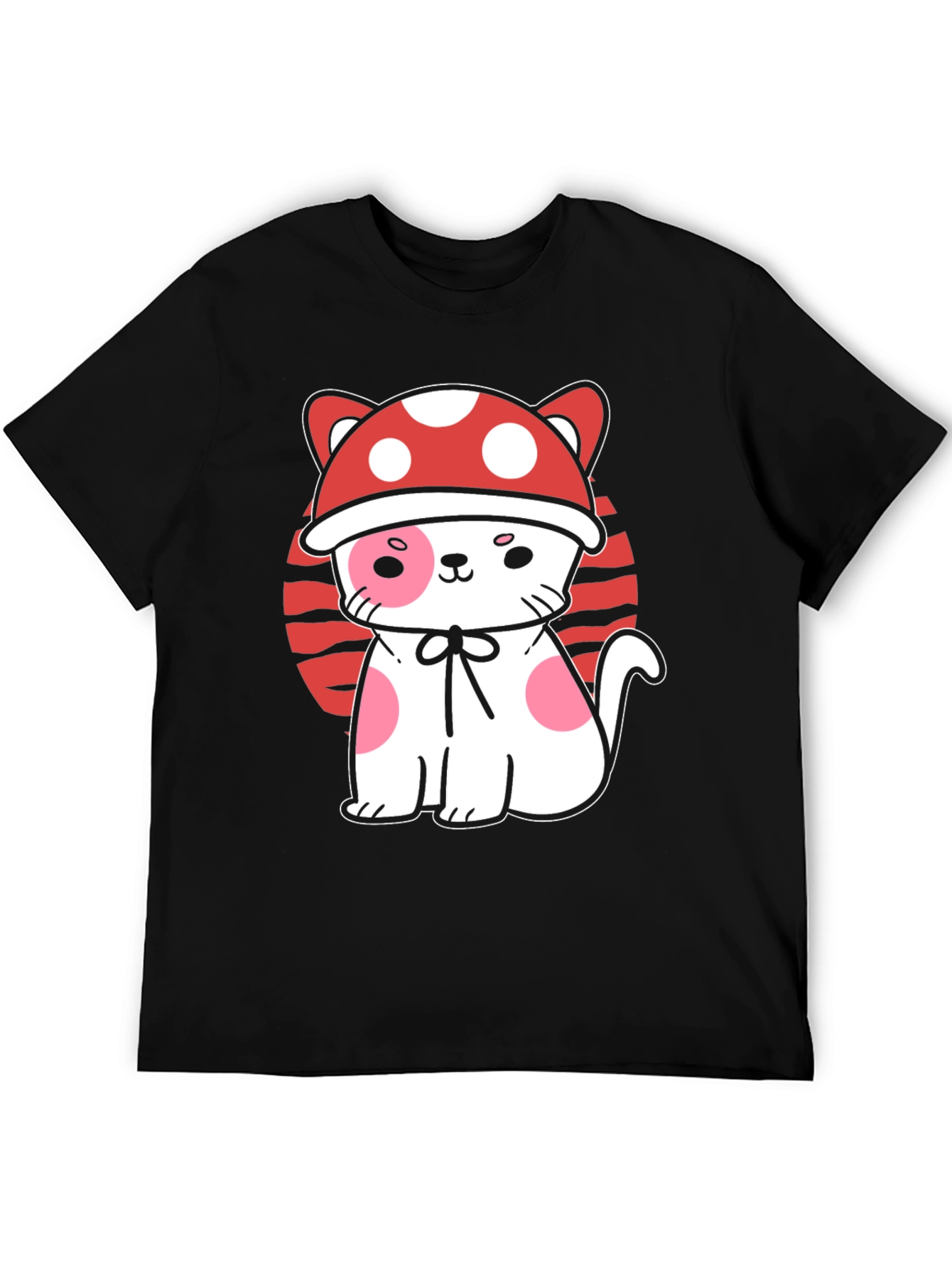 Mushroom Cat Graphic Tee - Black Cotton T-Shirt