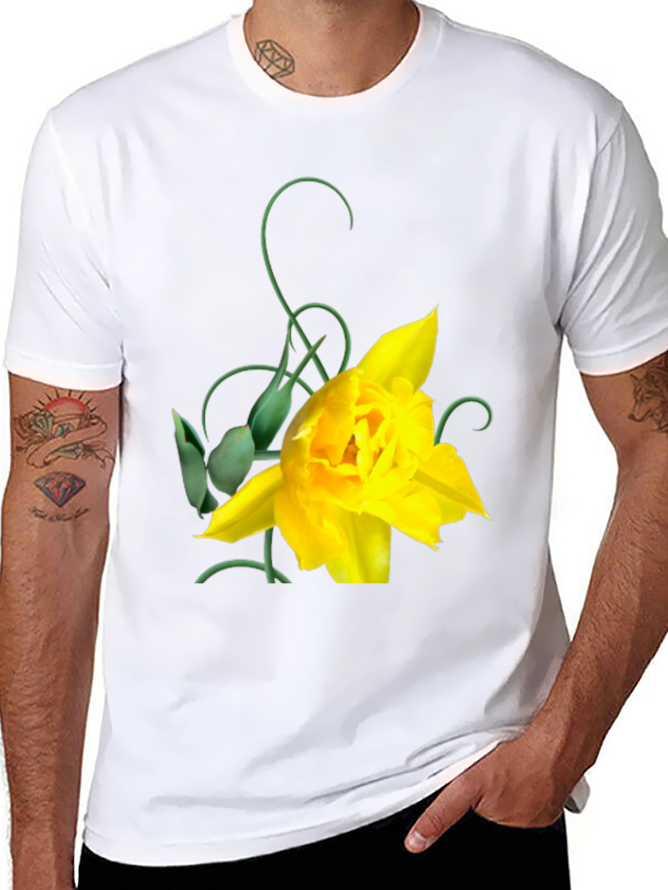 Yellow Tulip Graphic Black T-Shirt for Men