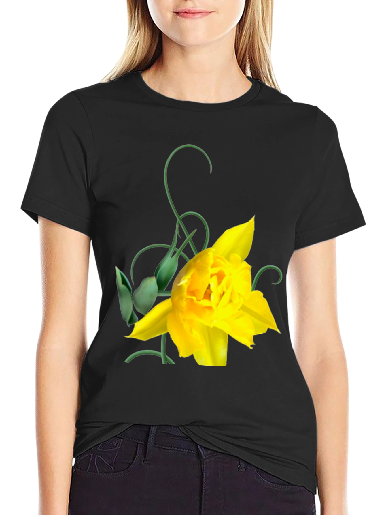 Yellow Tulip Graphic Black T-Shirt for Men