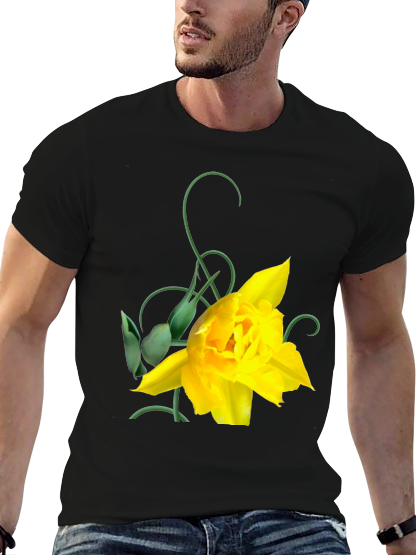 Yellow Tulip Graphic Black T-Shirt for Men