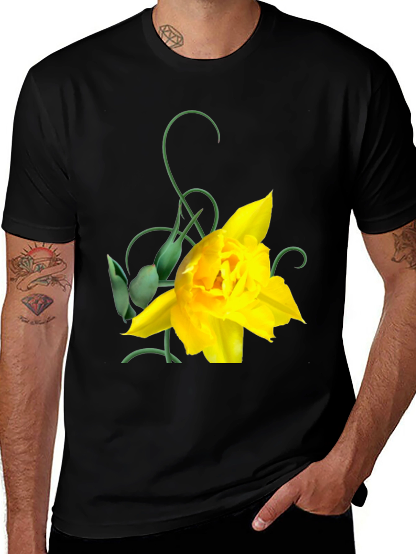 Yellow Tulip Graphic Black T-Shirt for Men