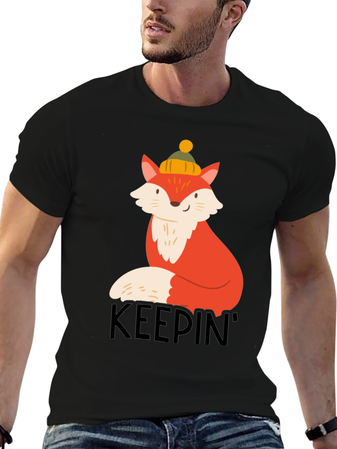 Keepin Cozy Fox Graphic Tee - Black Crew Neck
