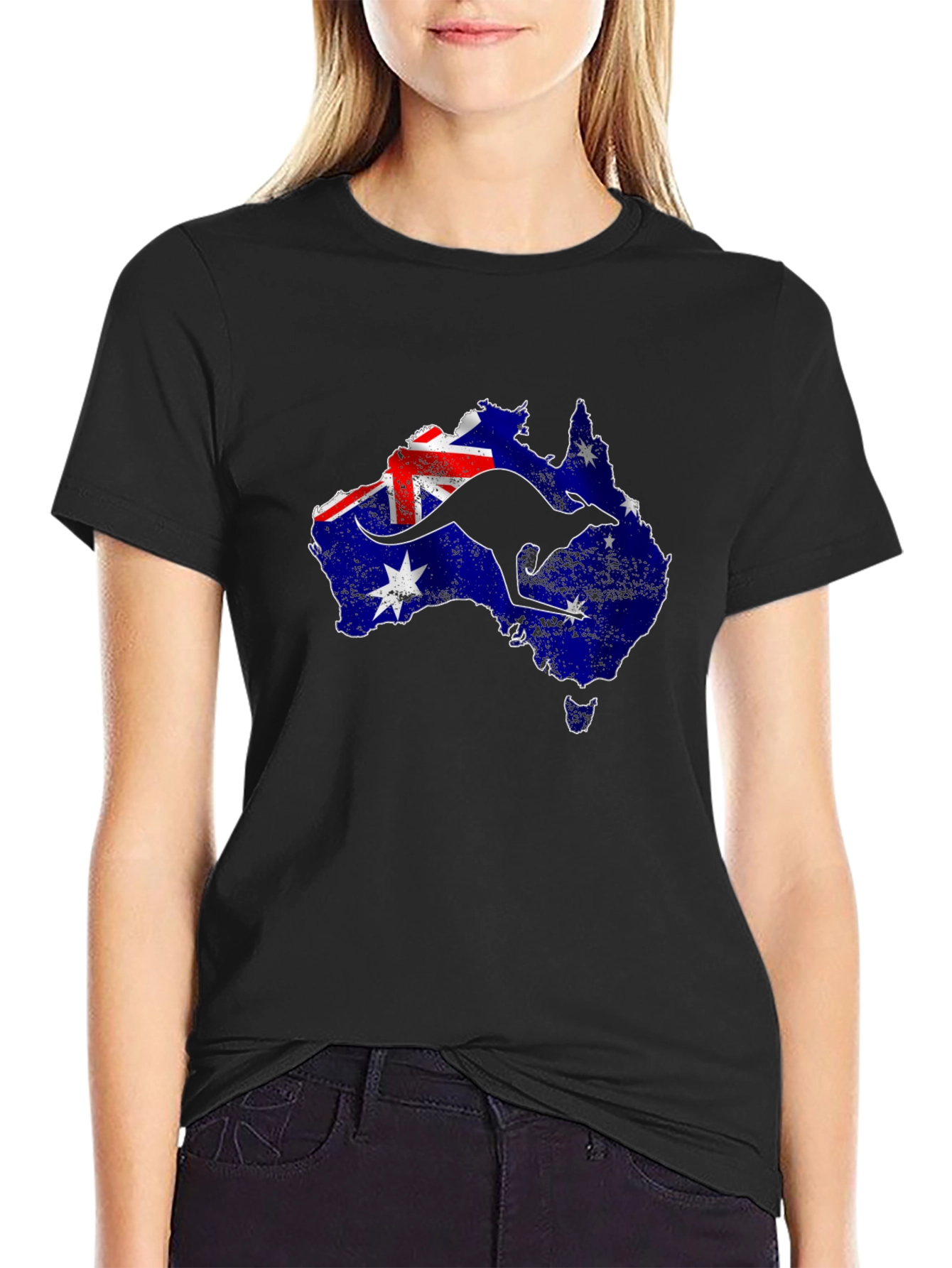Australia Flag & Kangaroo Black T-Shirt