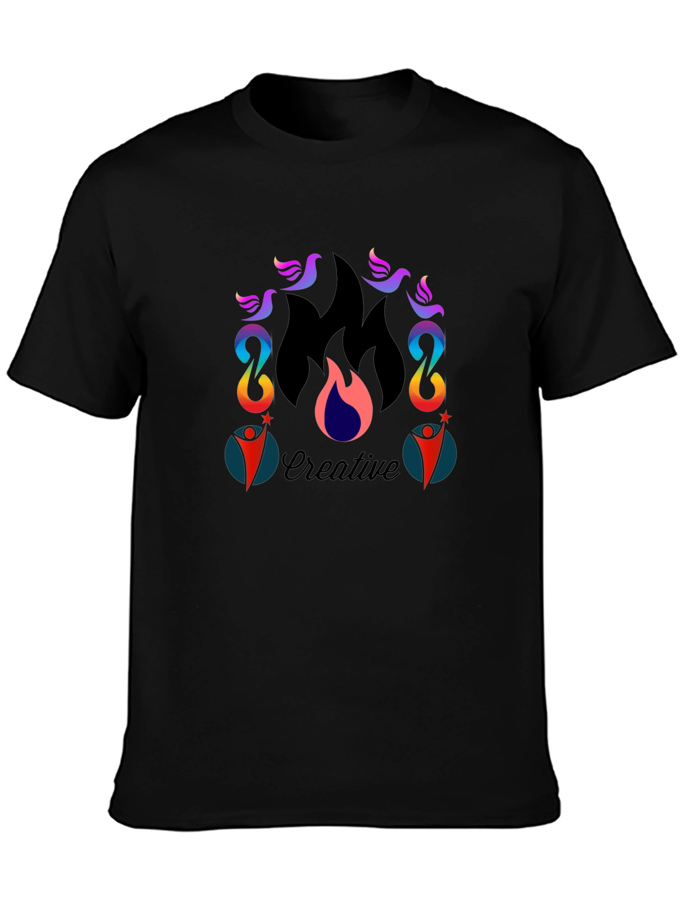 Creative Flame Graphic Tee - Black Cotton Blend T-Shirt