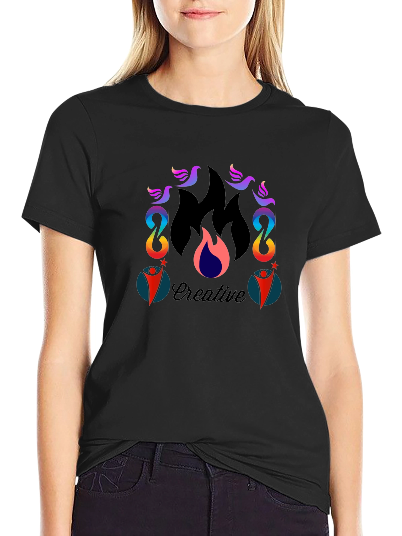 Creative Flame Graphic Tee - Black Cotton Blend T-Shirt