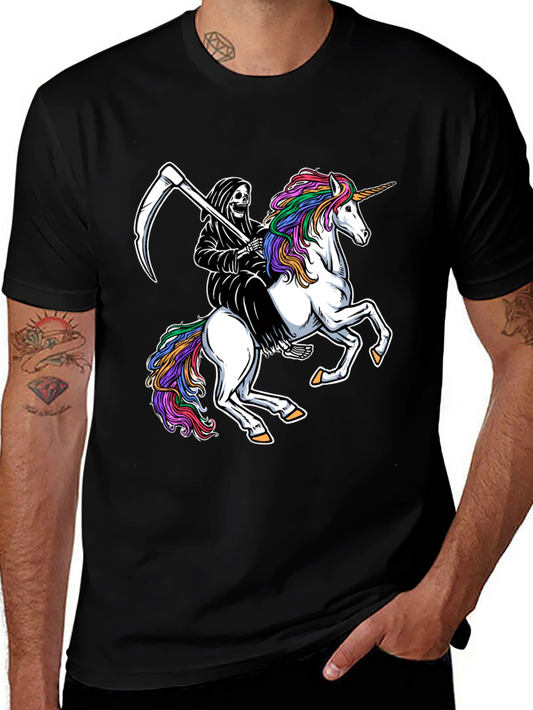 Grim Reaper Riding Unicorn Black T-Shirt