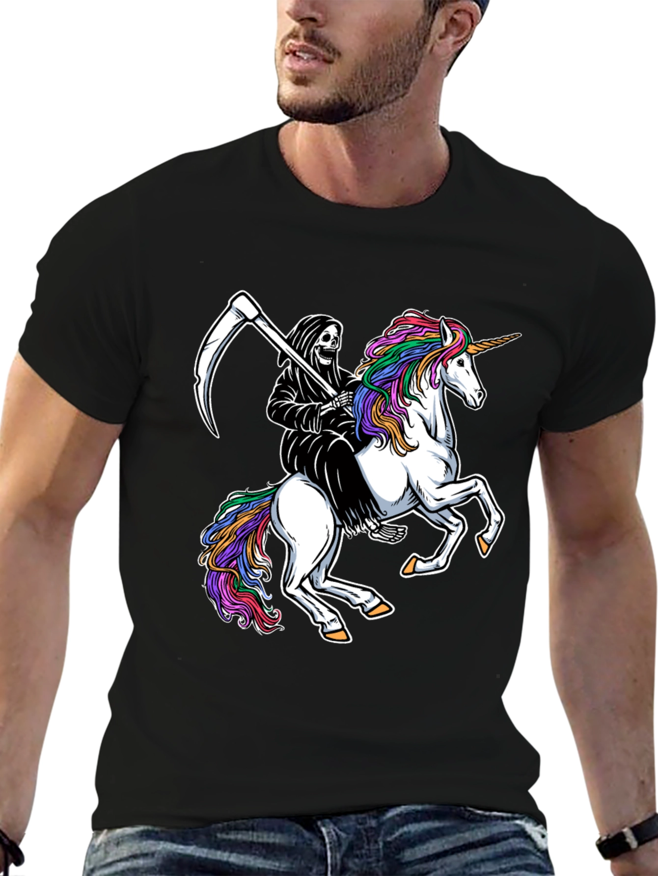 Grim Reaper Riding Unicorn Black T-Shirt