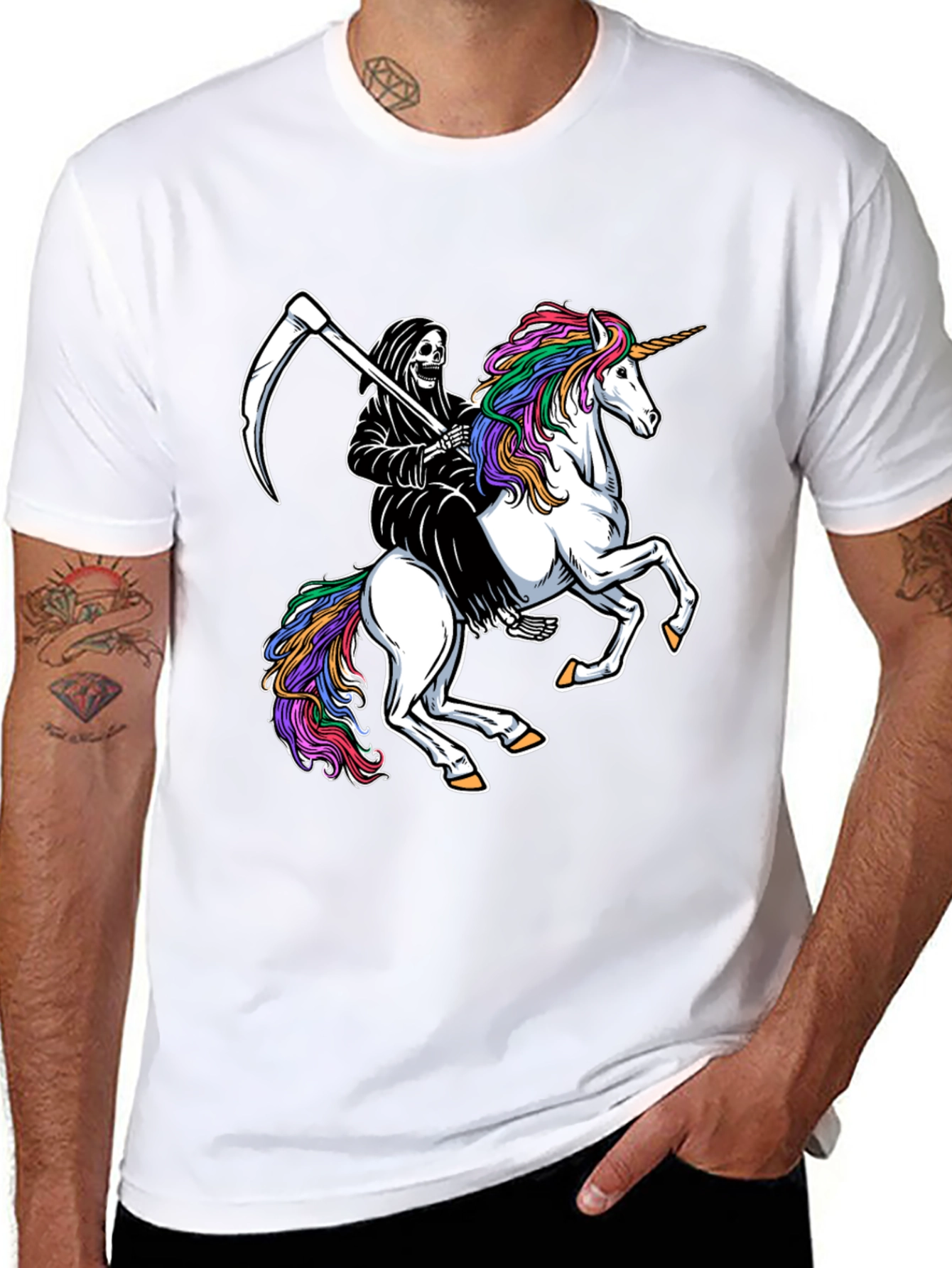 Grim Reaper Riding Unicorn Black T-Shirt
