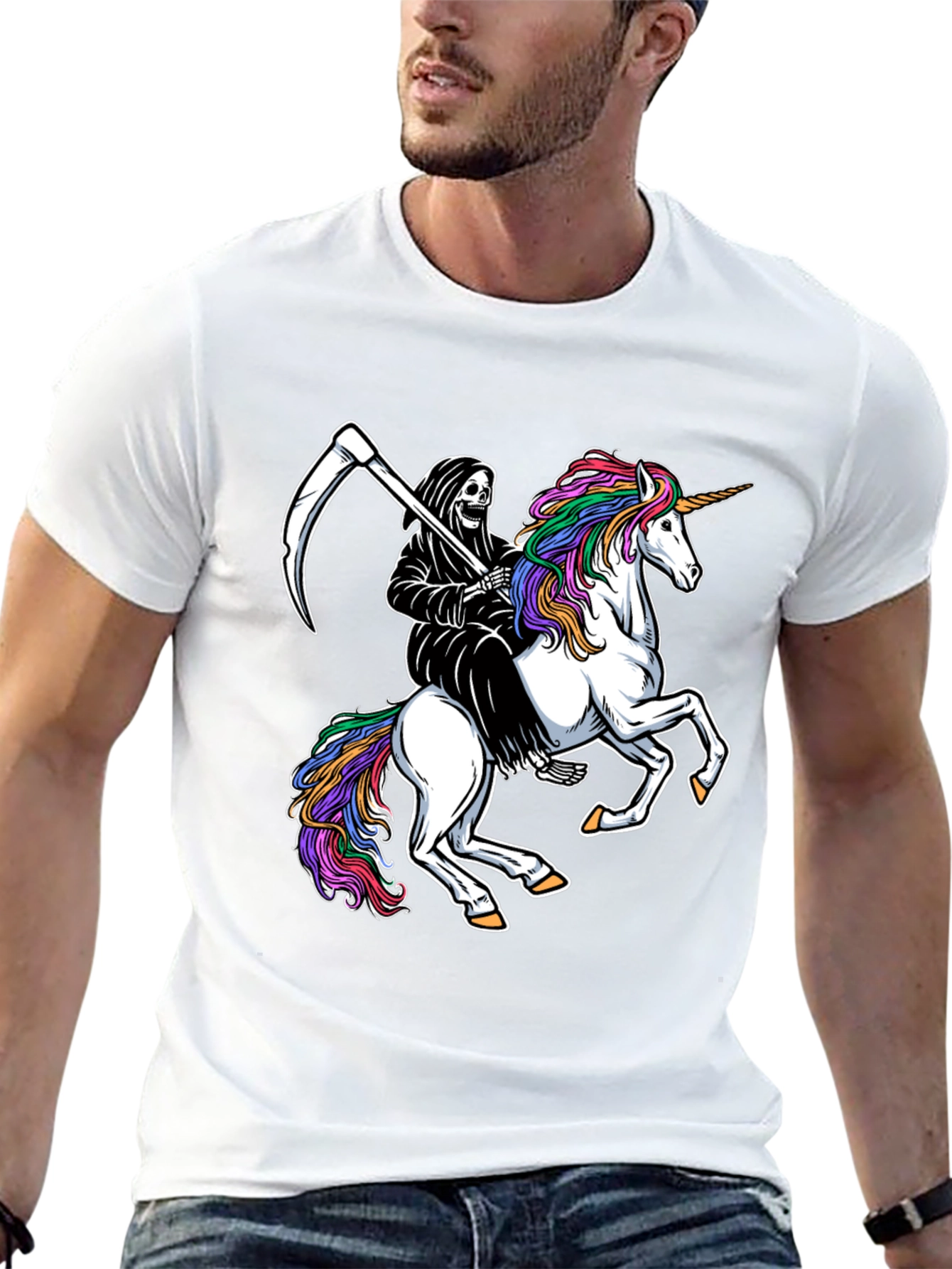 Grim Reaper Riding Unicorn Black T-Shirt