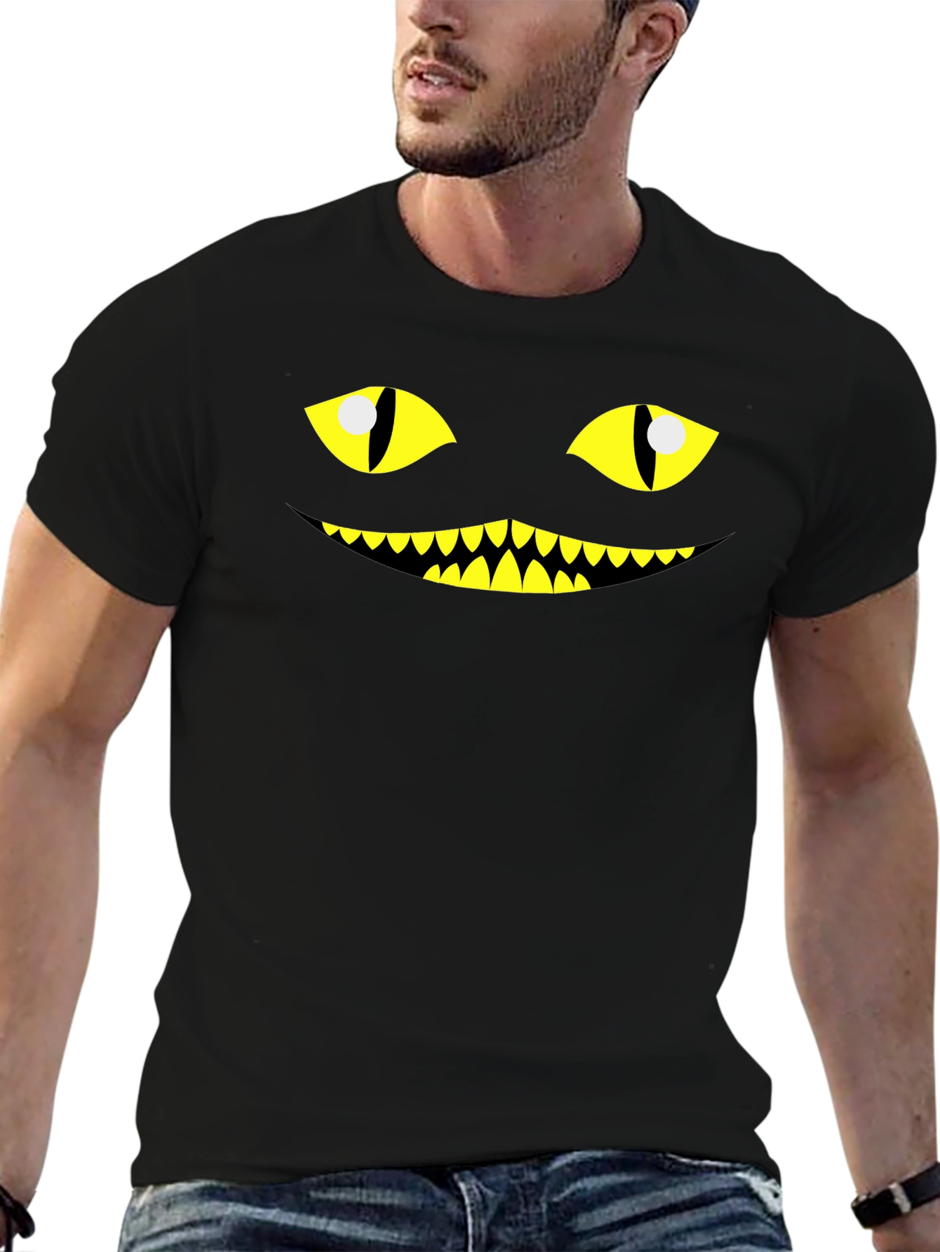 Mens Creepy Cat Face Graphic Tee - Halloween T-Shirt