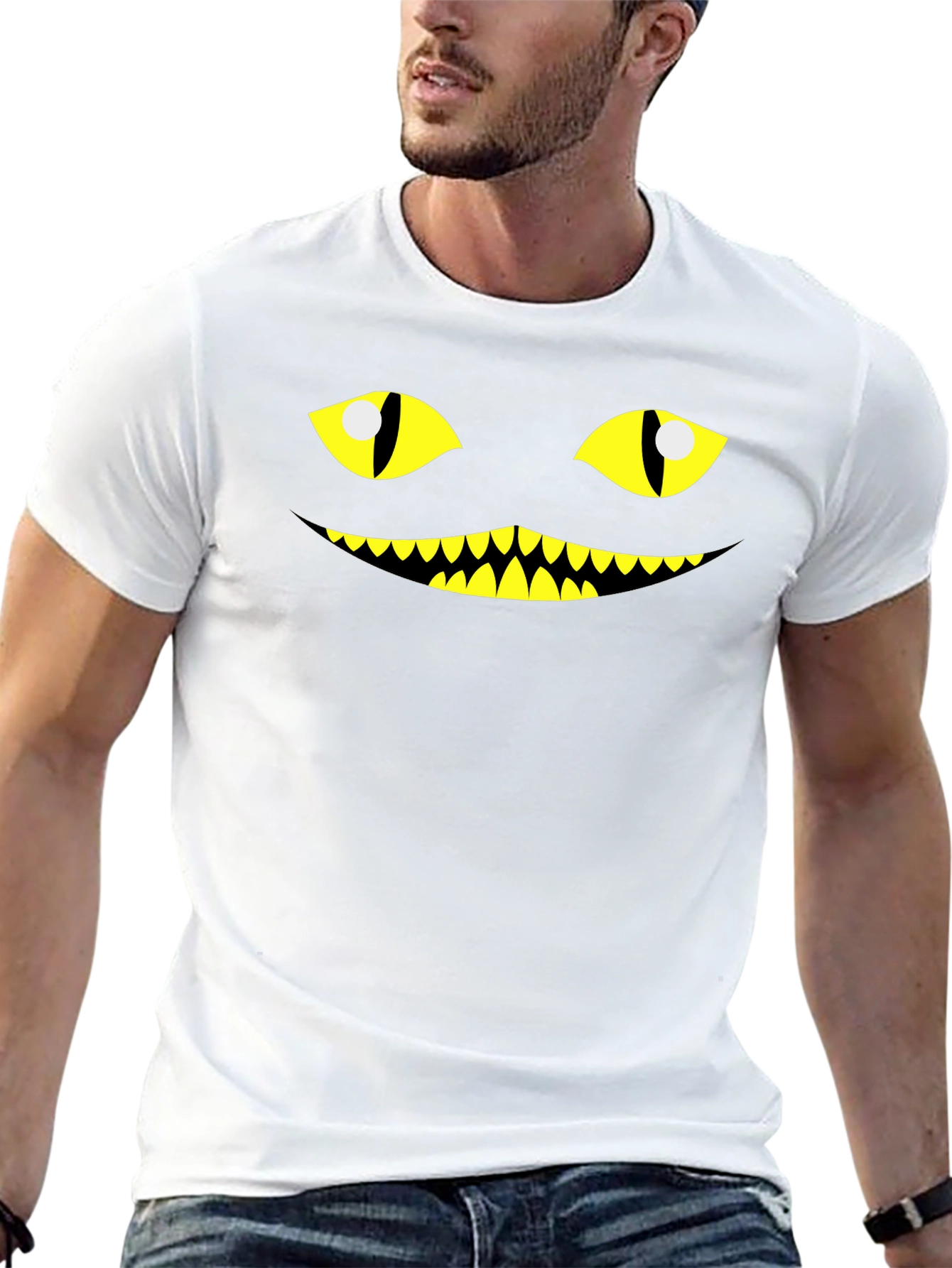 Mens Creepy Cat Face Graphic Tee - Halloween T-Shirt