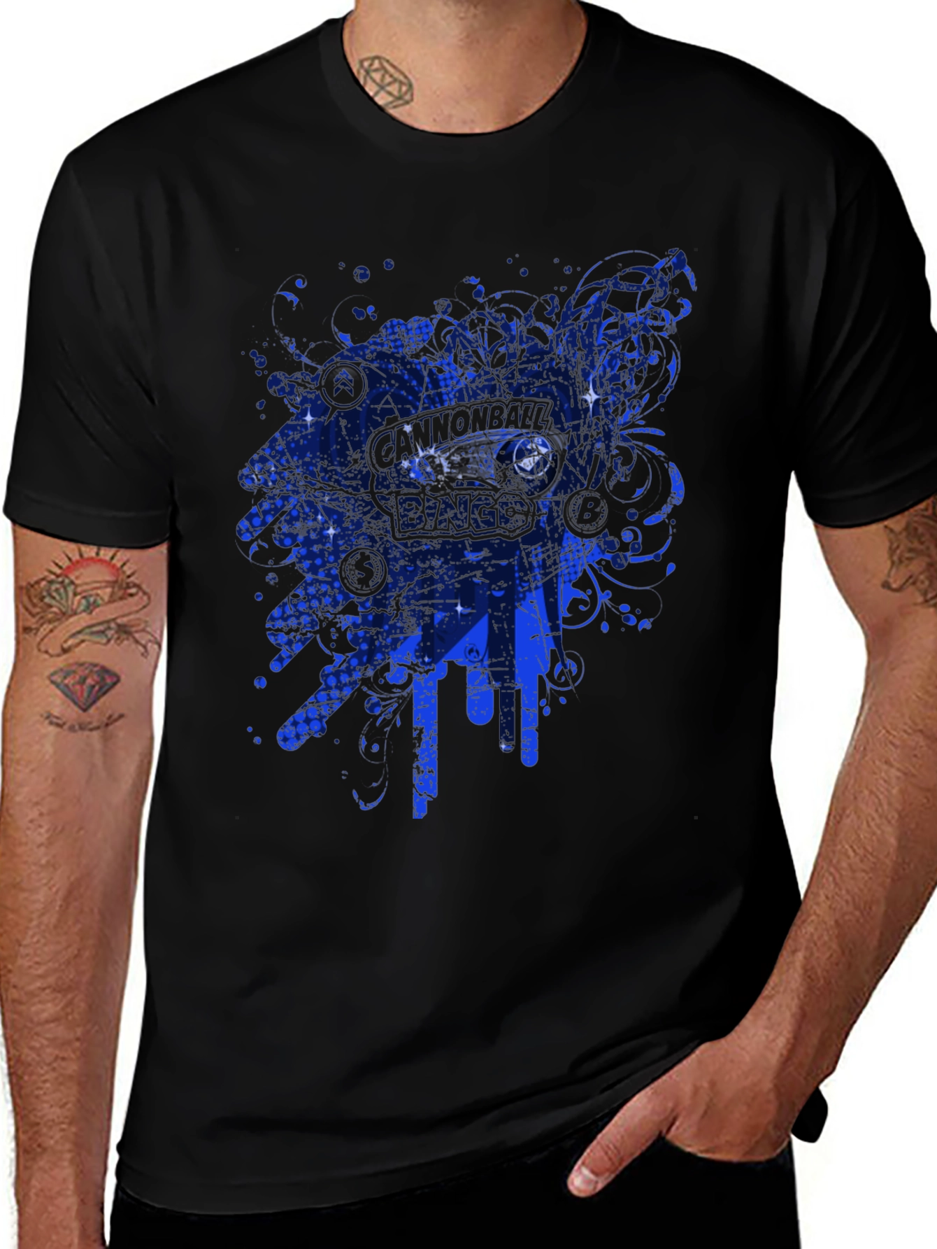 Mens Black Graphic Tee - Blue Abstract Design