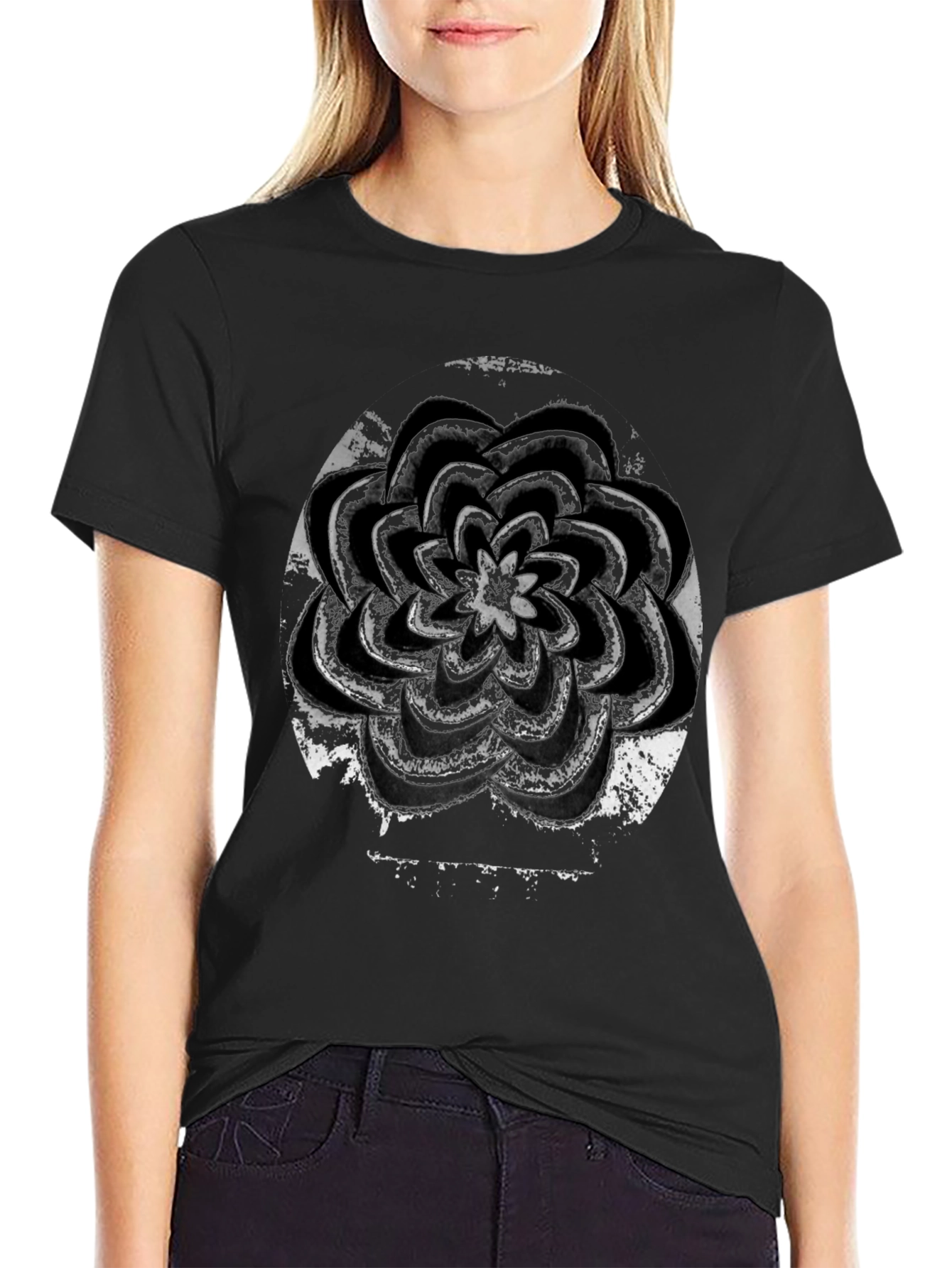 Grunge Flower Graphic Black T-Shirt