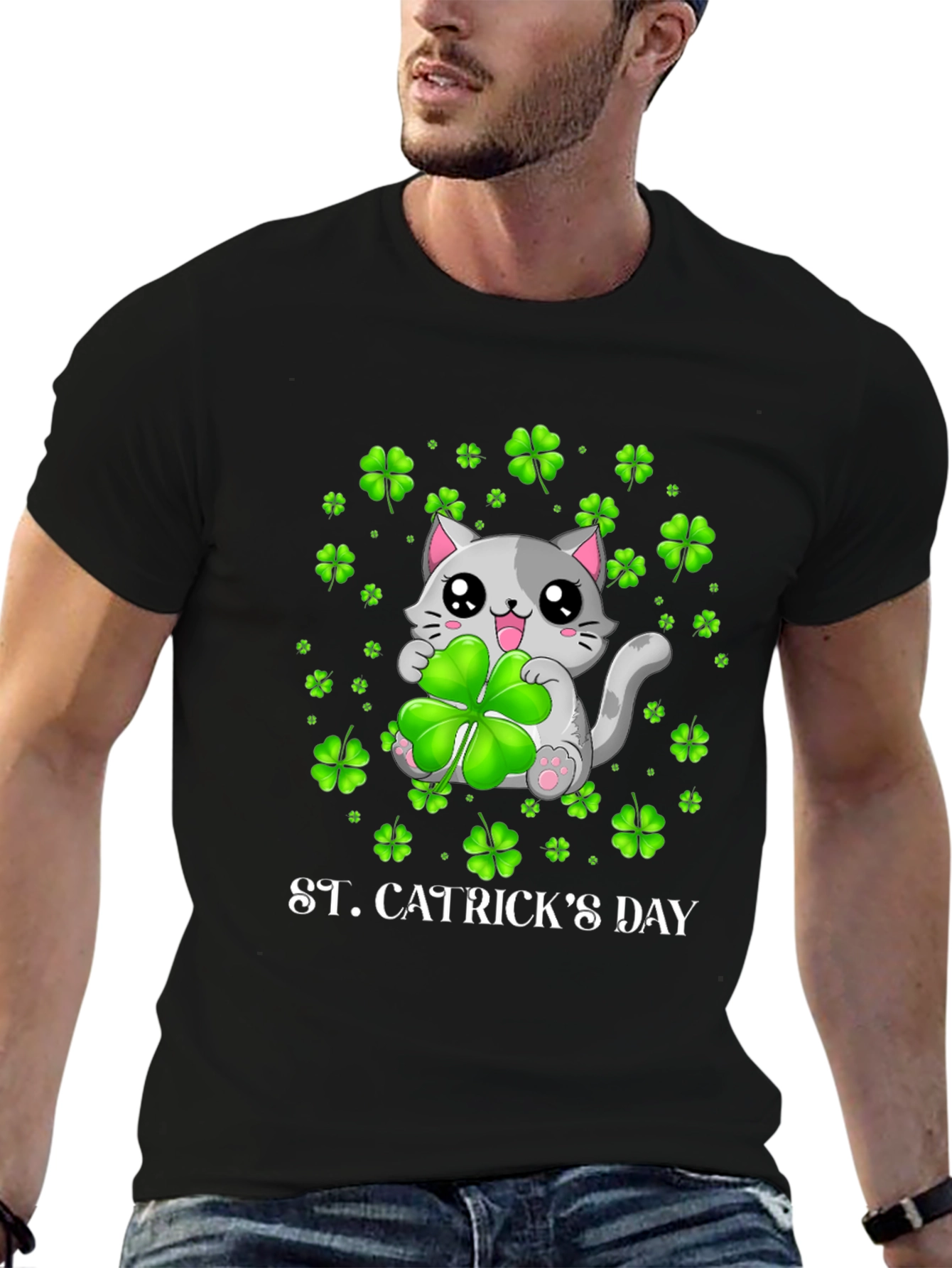 St. Catricks Day T-Shirt - Lucky Cat Clover Design