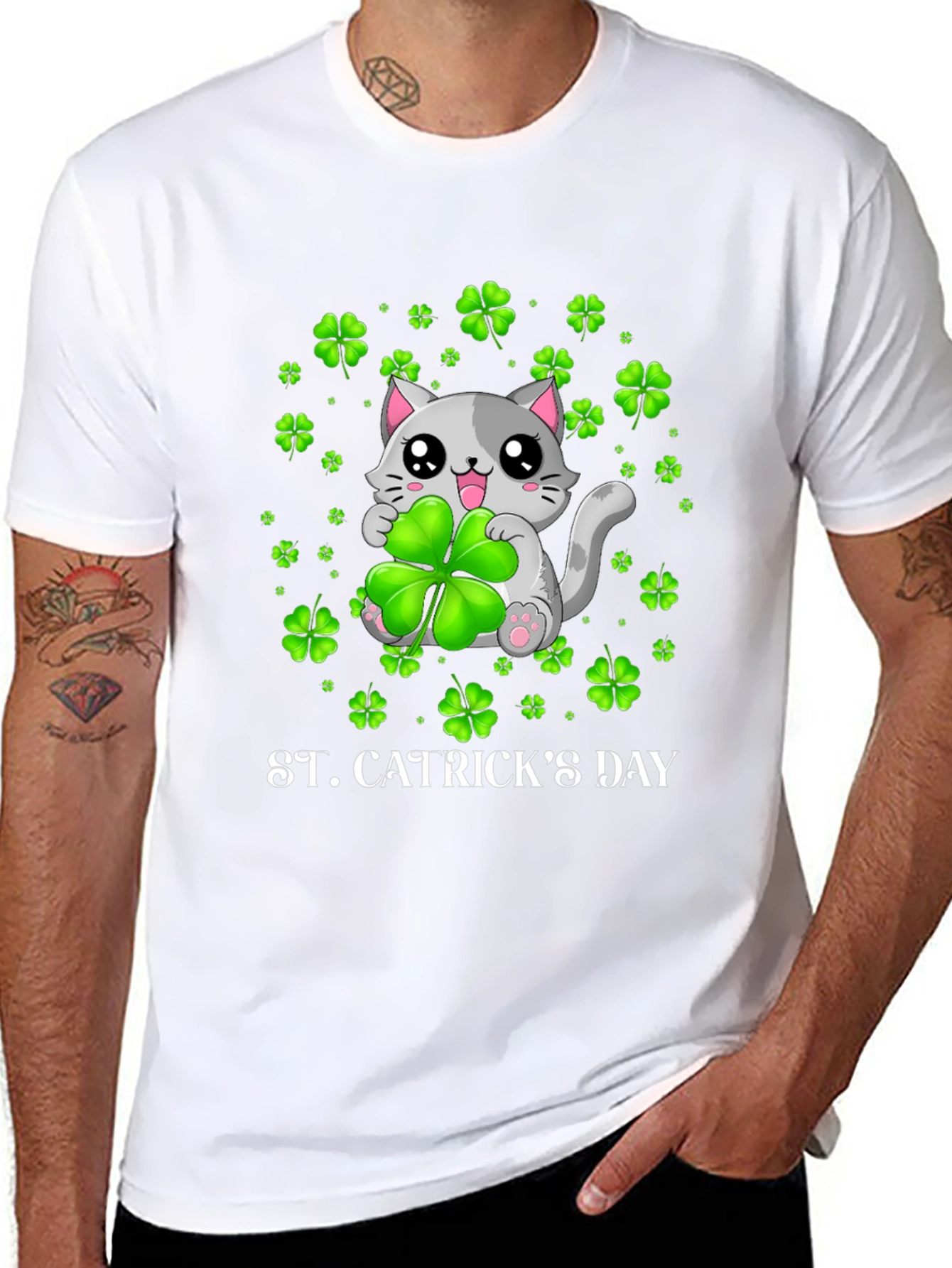 St. Catricks Day T-Shirt - Lucky Cat Clover Design