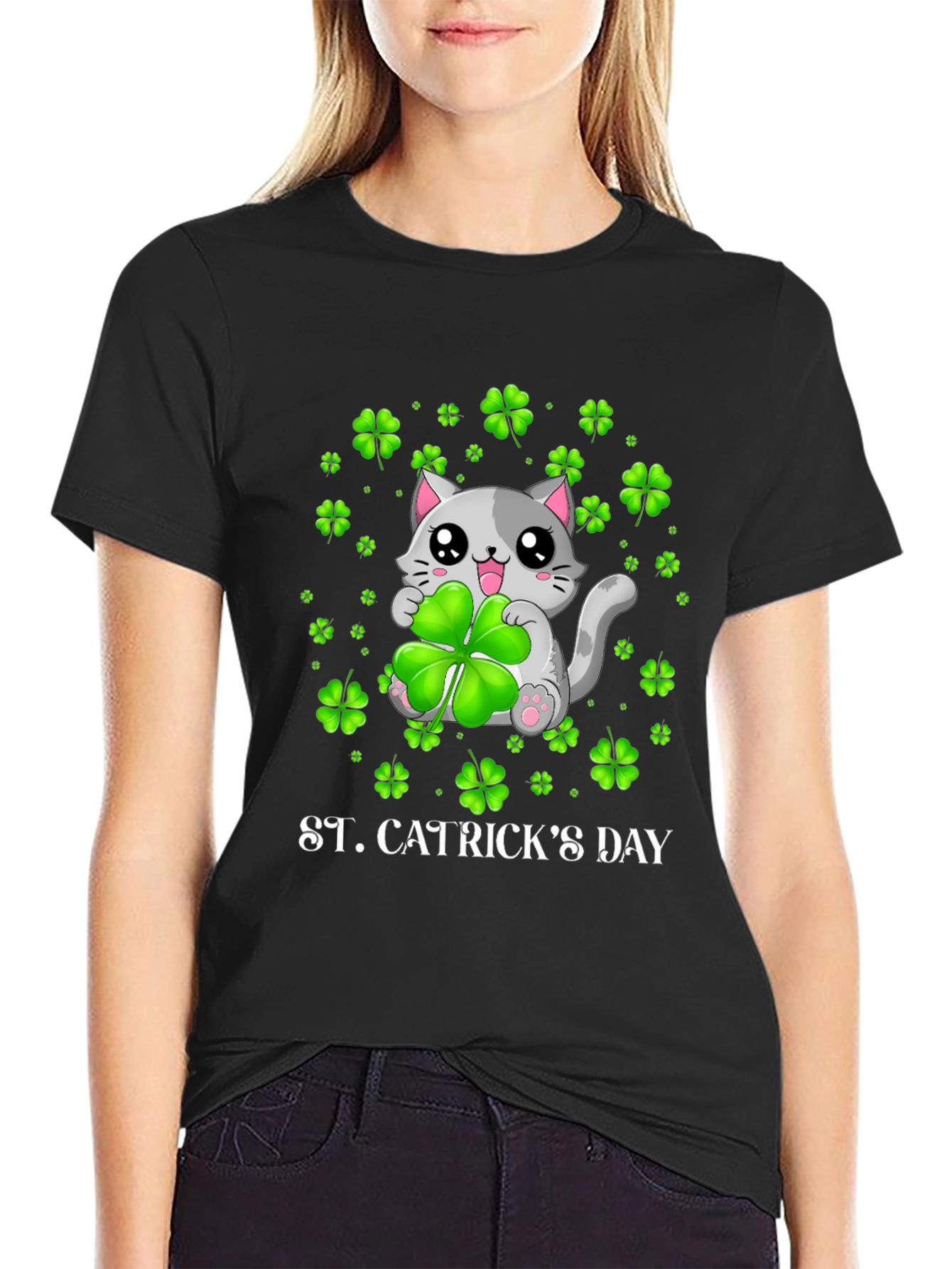 St. Catricks Day T-Shirt - Lucky Cat Clover Design