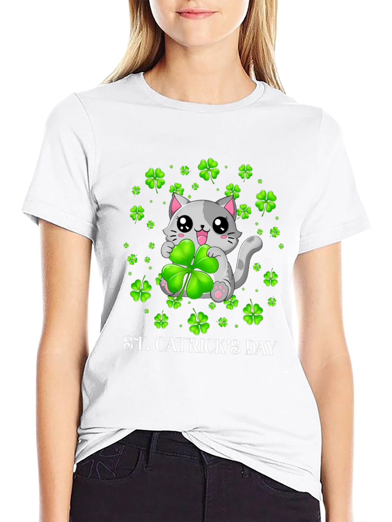 St. Catricks Day T-Shirt - Lucky Cat Clover Design