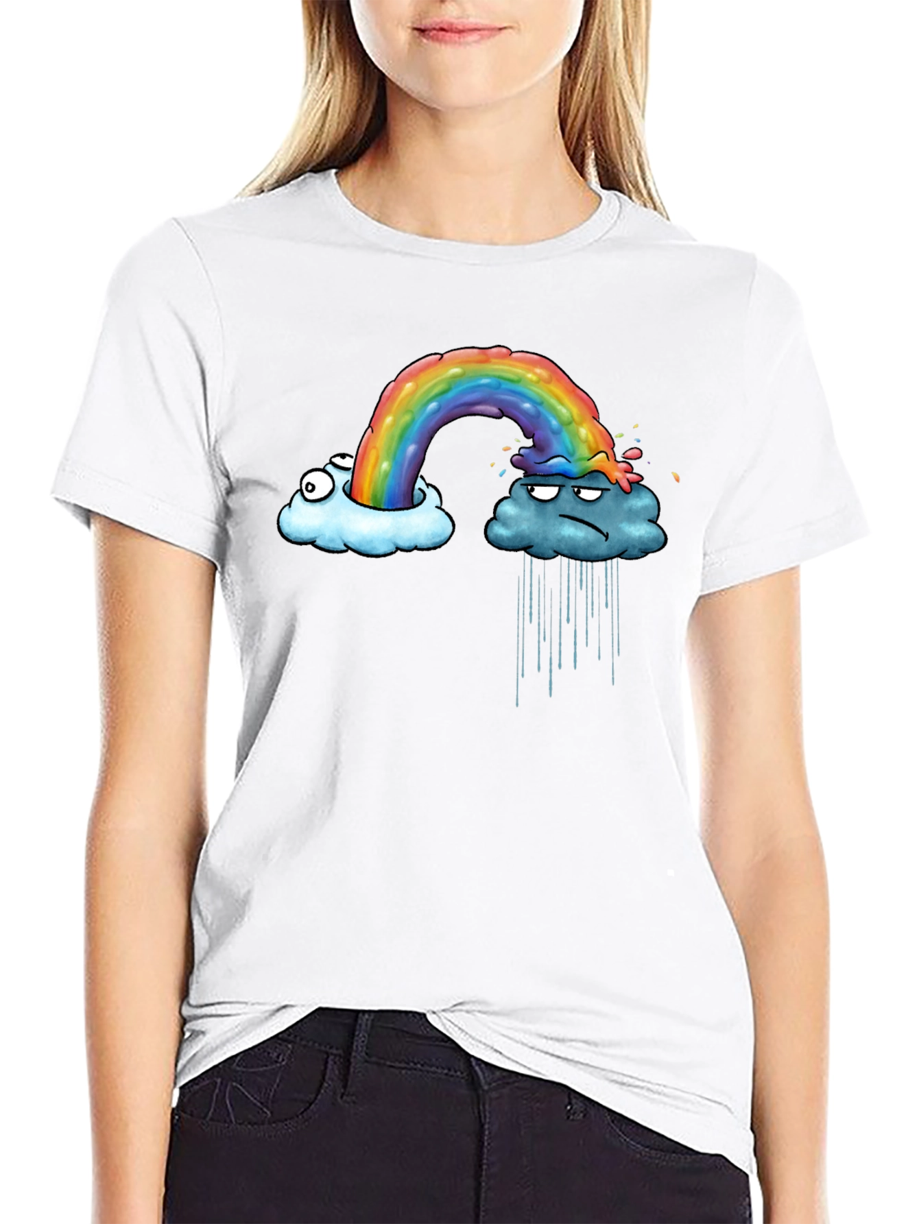 Rainbow Cloud Graphic Print Black T-Shirt