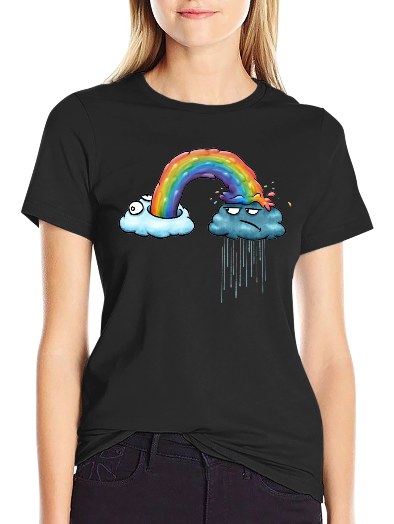 Rainbow Cloud Graphic Print Black T-Shirt