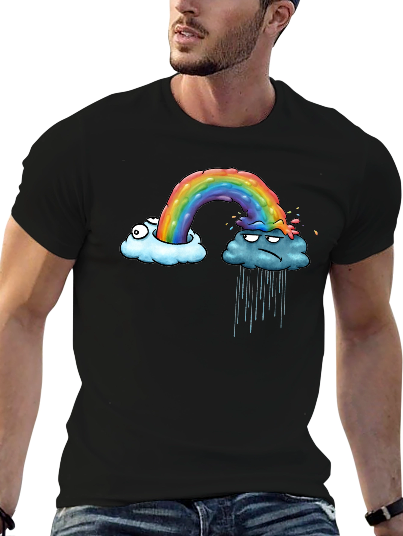 Rainbow Cloud Graphic Print Black T-Shirt
