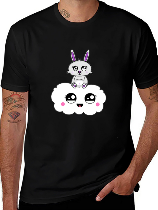 Cute Bunny on Cloud Black T-Shirt