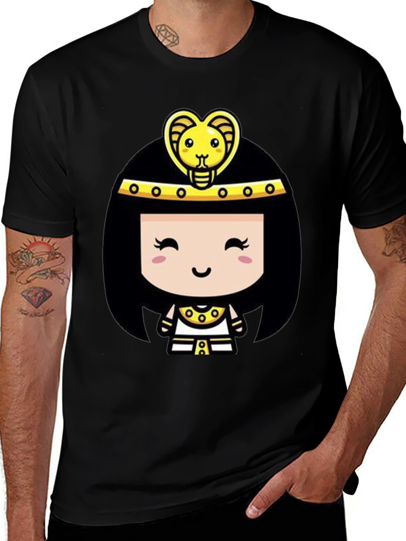 Egyptian Queen Cartoon Graphic Tee - Black Cotton T-Shirt