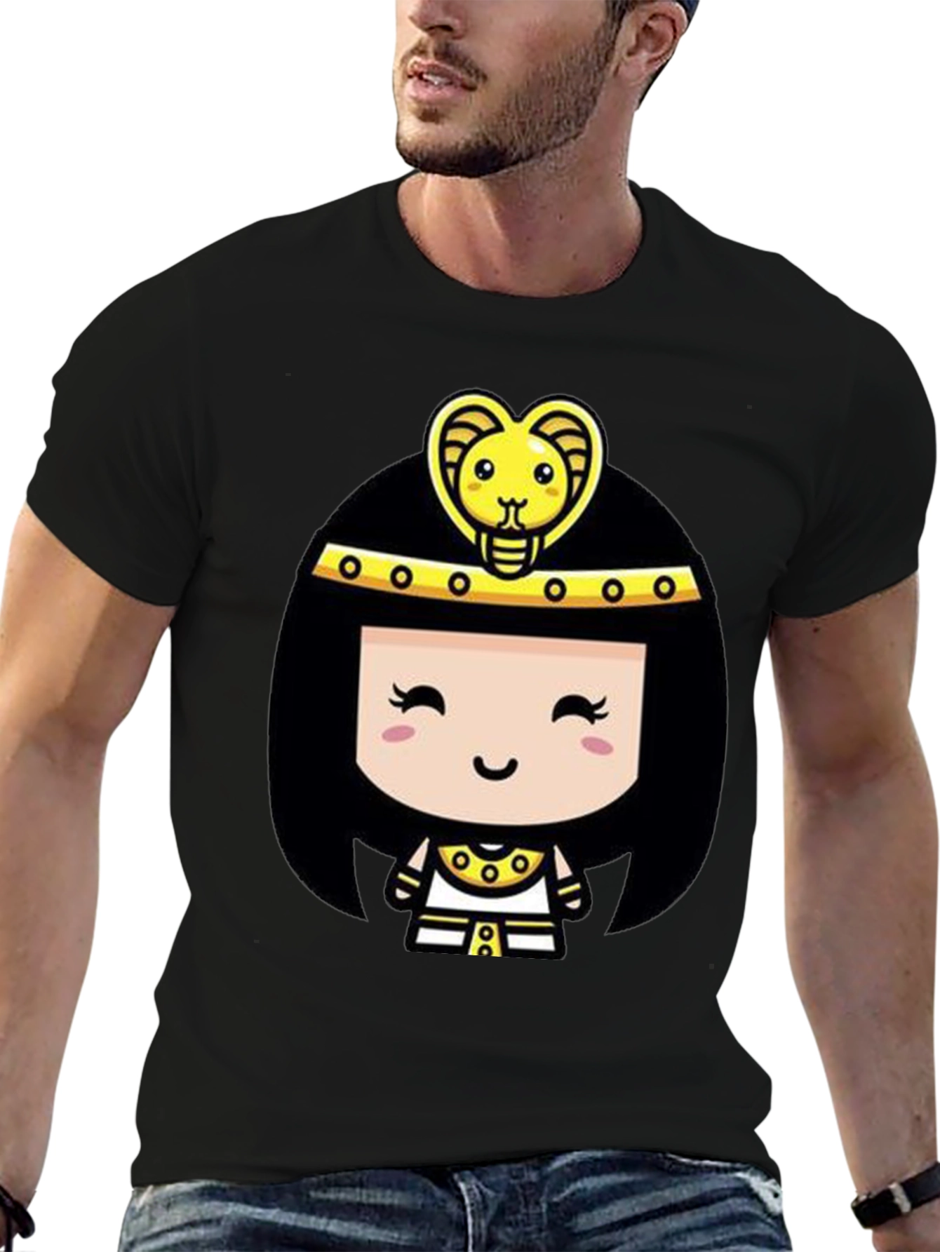 Egyptian Queen Cartoon Graphic Tee - Black Cotton T-Shirt