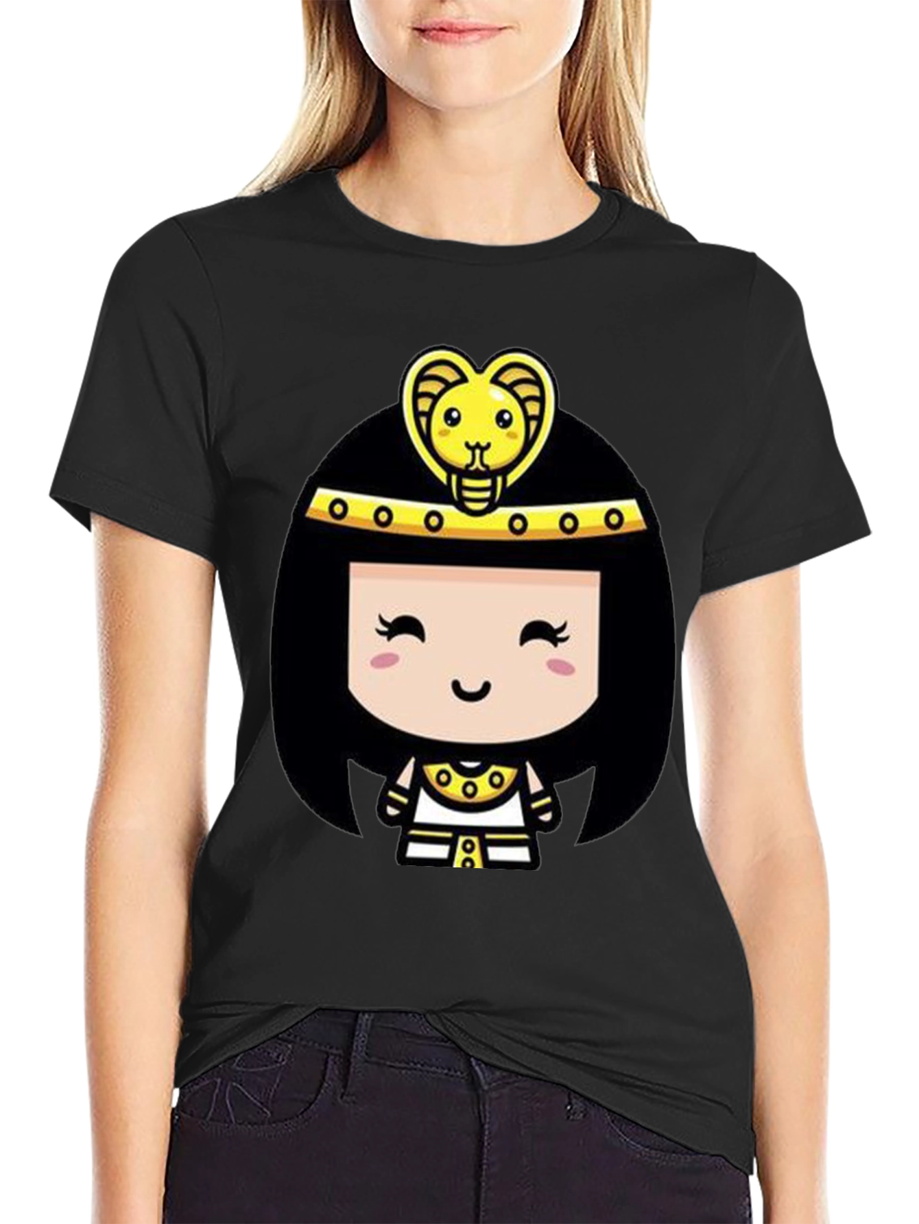 Egyptian Queen Cartoon Graphic Tee - Black Cotton T-Shirt