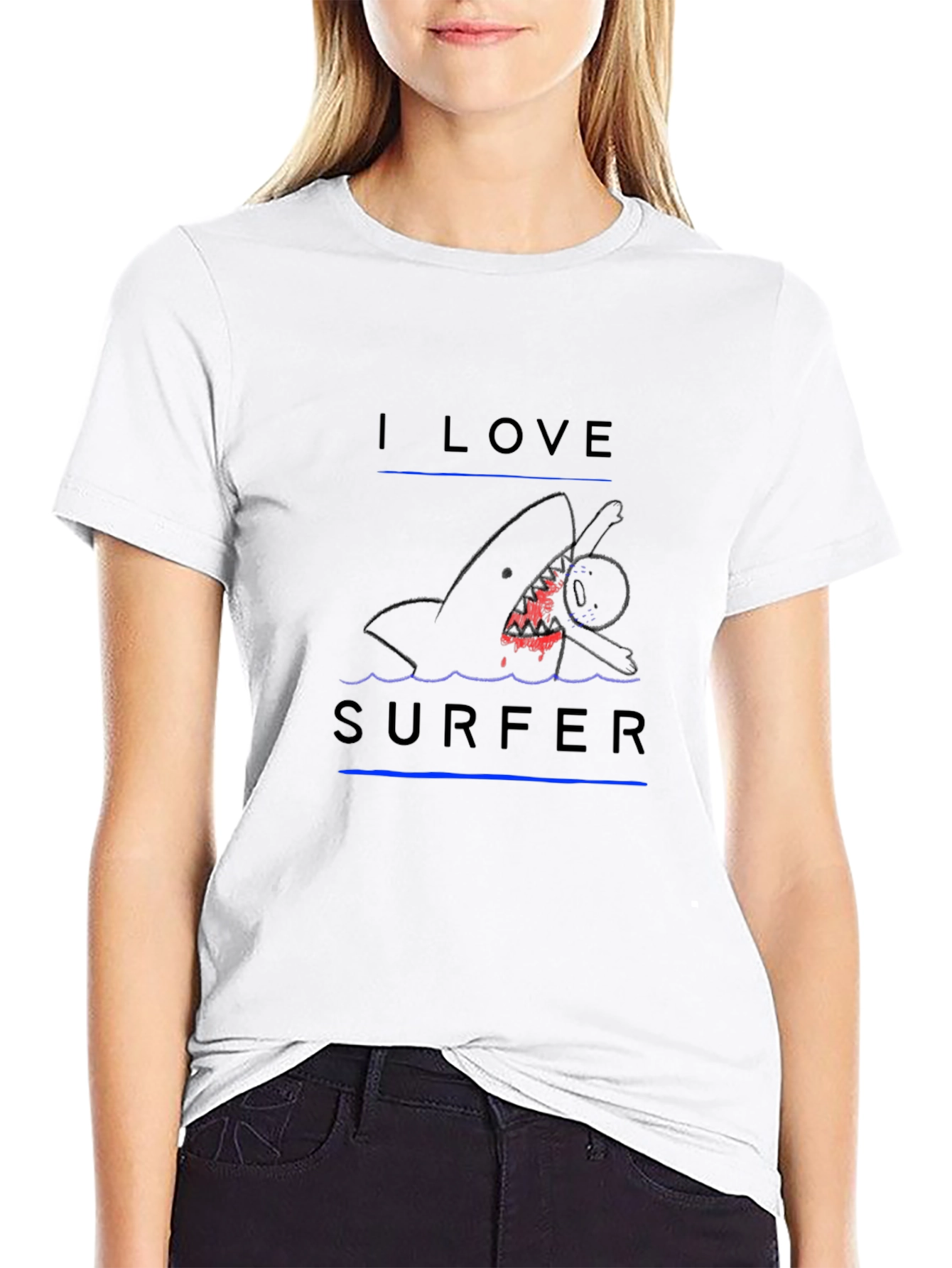 I Love Surfer Black T-Shirt - Shark Attack Design