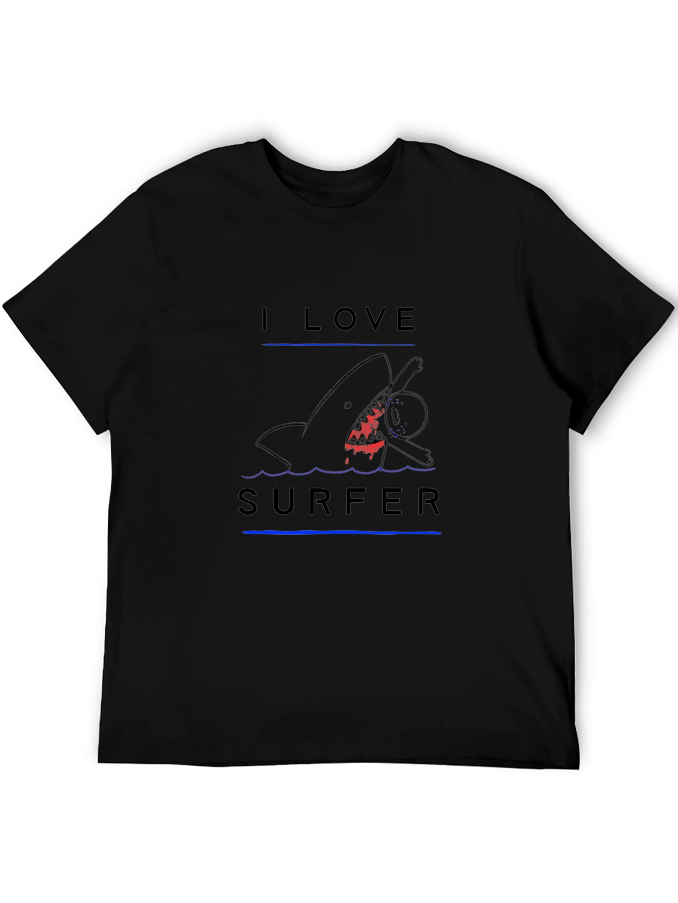 I Love Surfer Black T-Shirt - Shark Attack Design