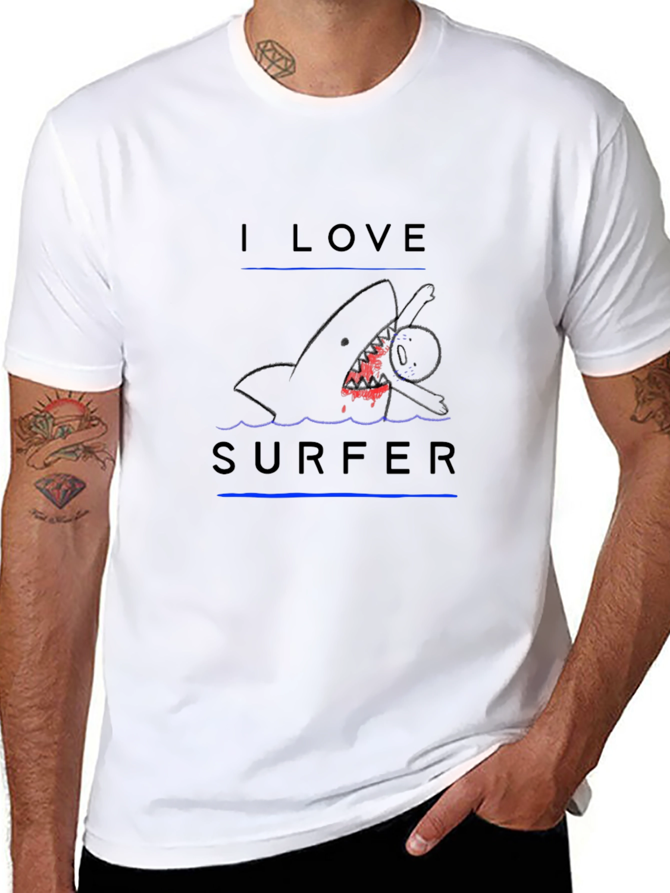 I Love Surfer Black T-Shirt - Shark Attack Design