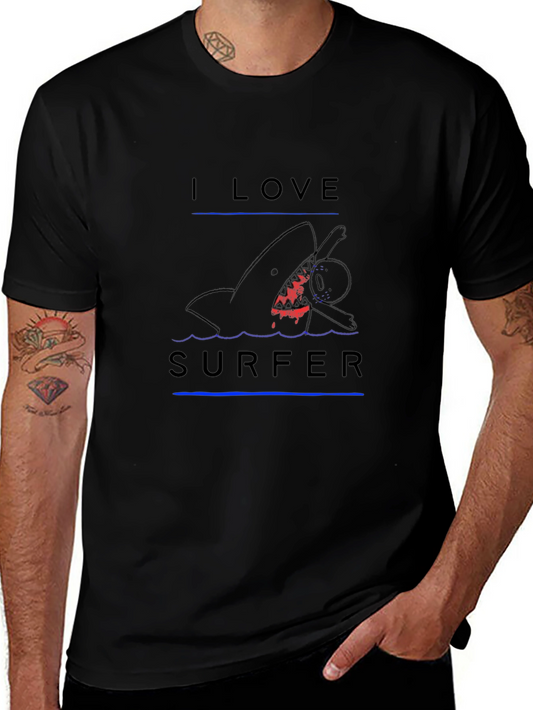 I Love Surfer Black T-Shirt - Shark Attack Design