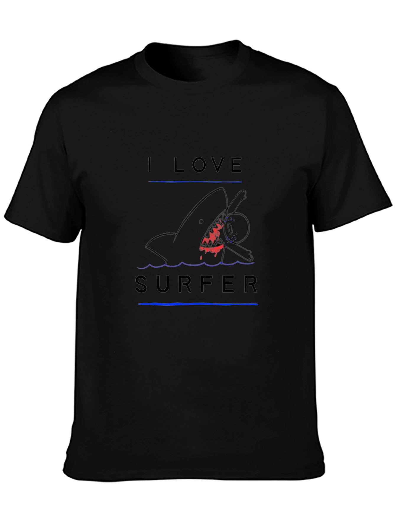 I Love Surfer Black T-Shirt - Shark Attack Design