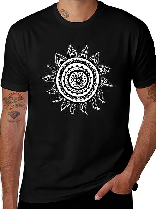 Black T-Shirt with White Sun Mandala Design