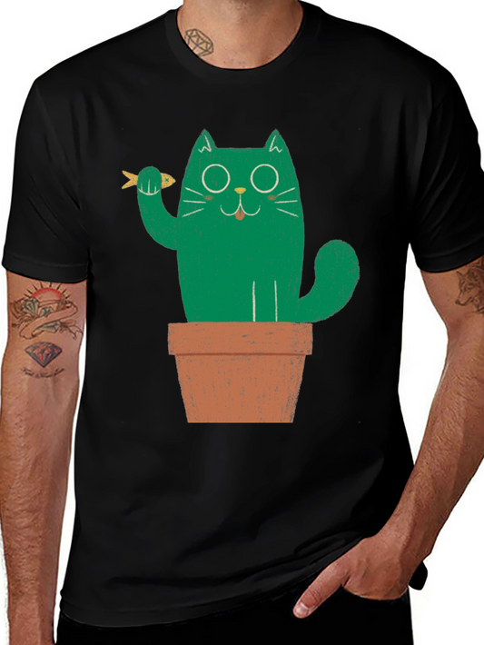 Funny Cat in Pot Graphic Tee - Black Cotton T-Shirt