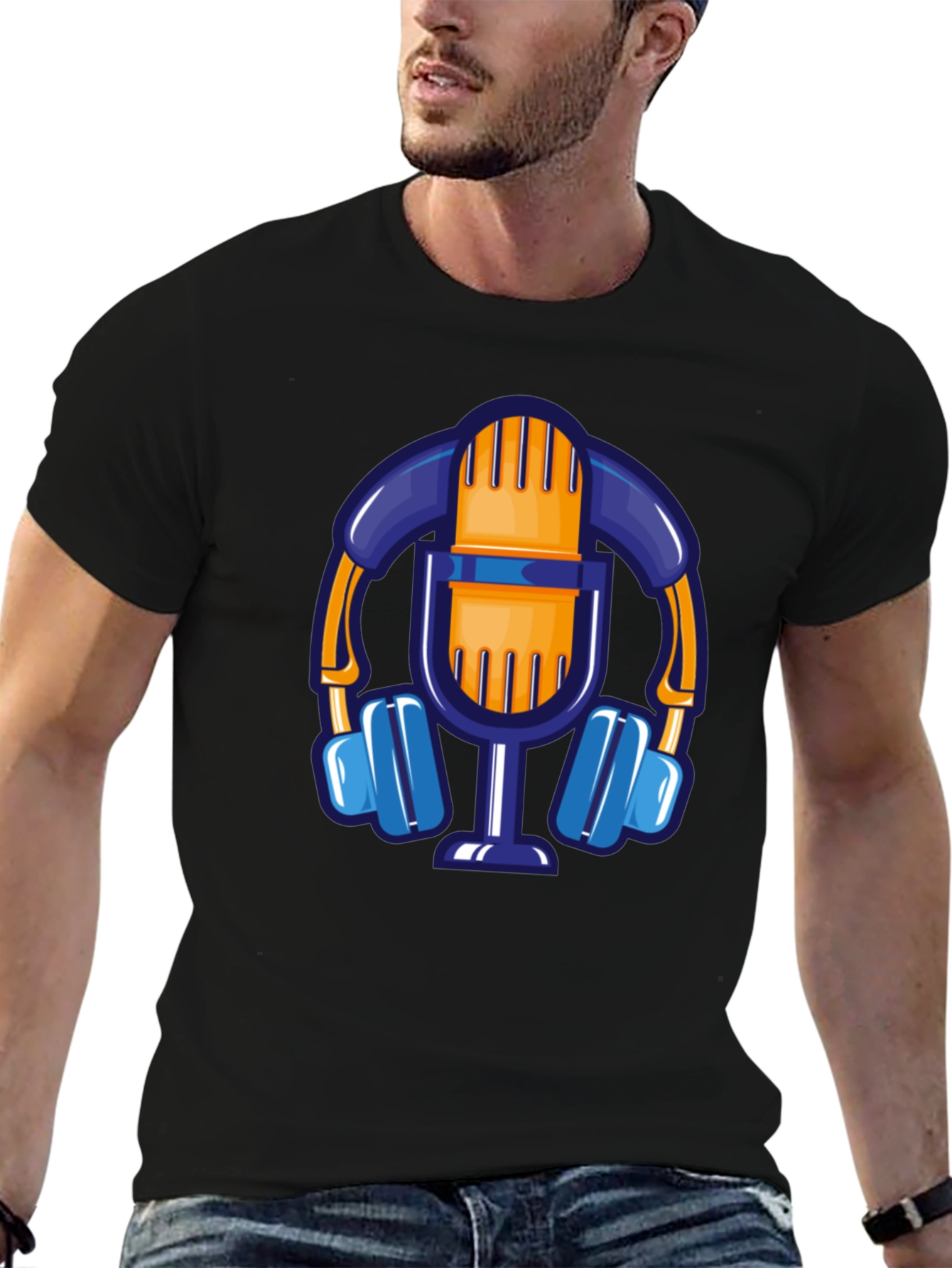 Cartoon Microphone & Headphone Graphic T-Shirt