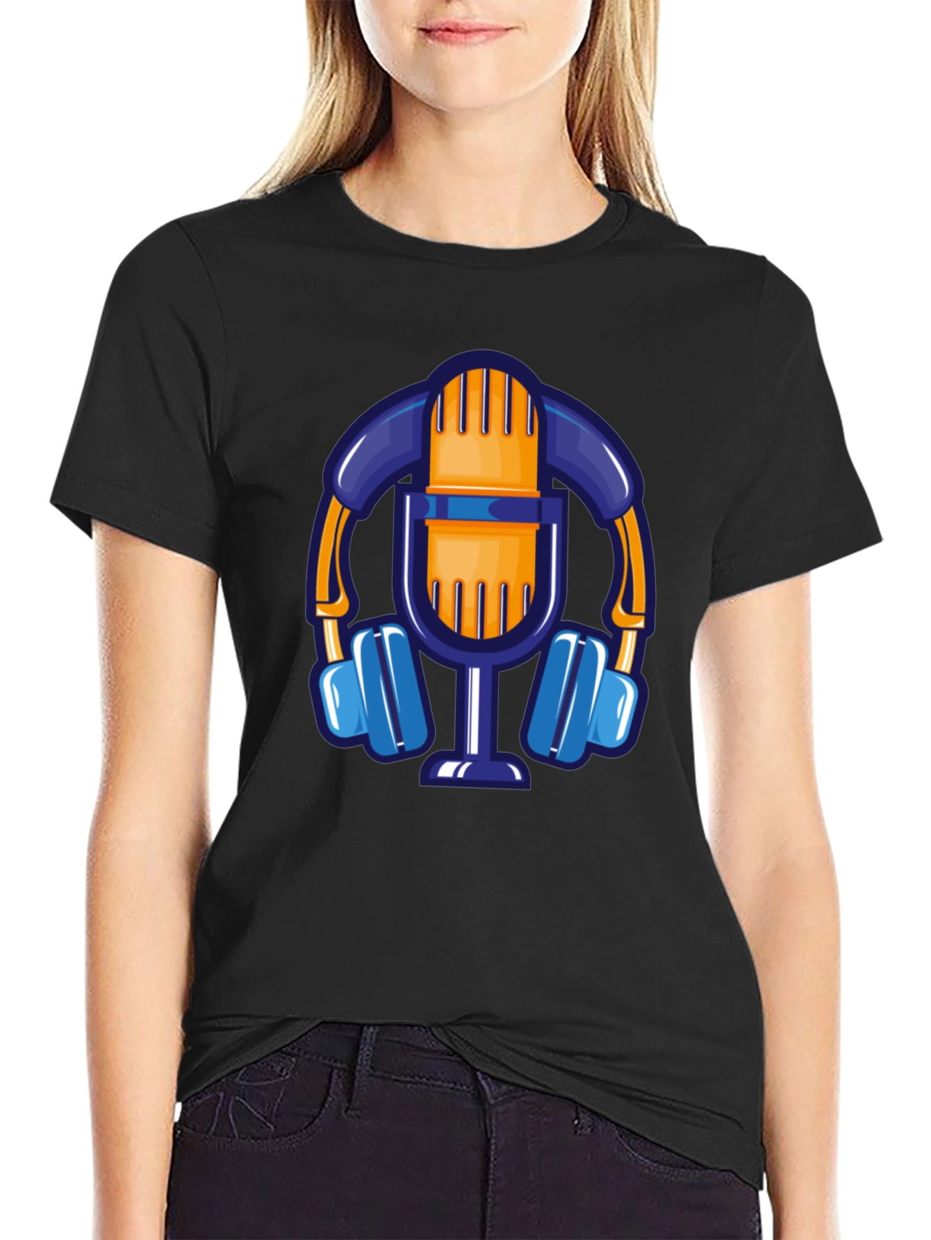 Cartoon Microphone & Headphone Graphic T-Shirt