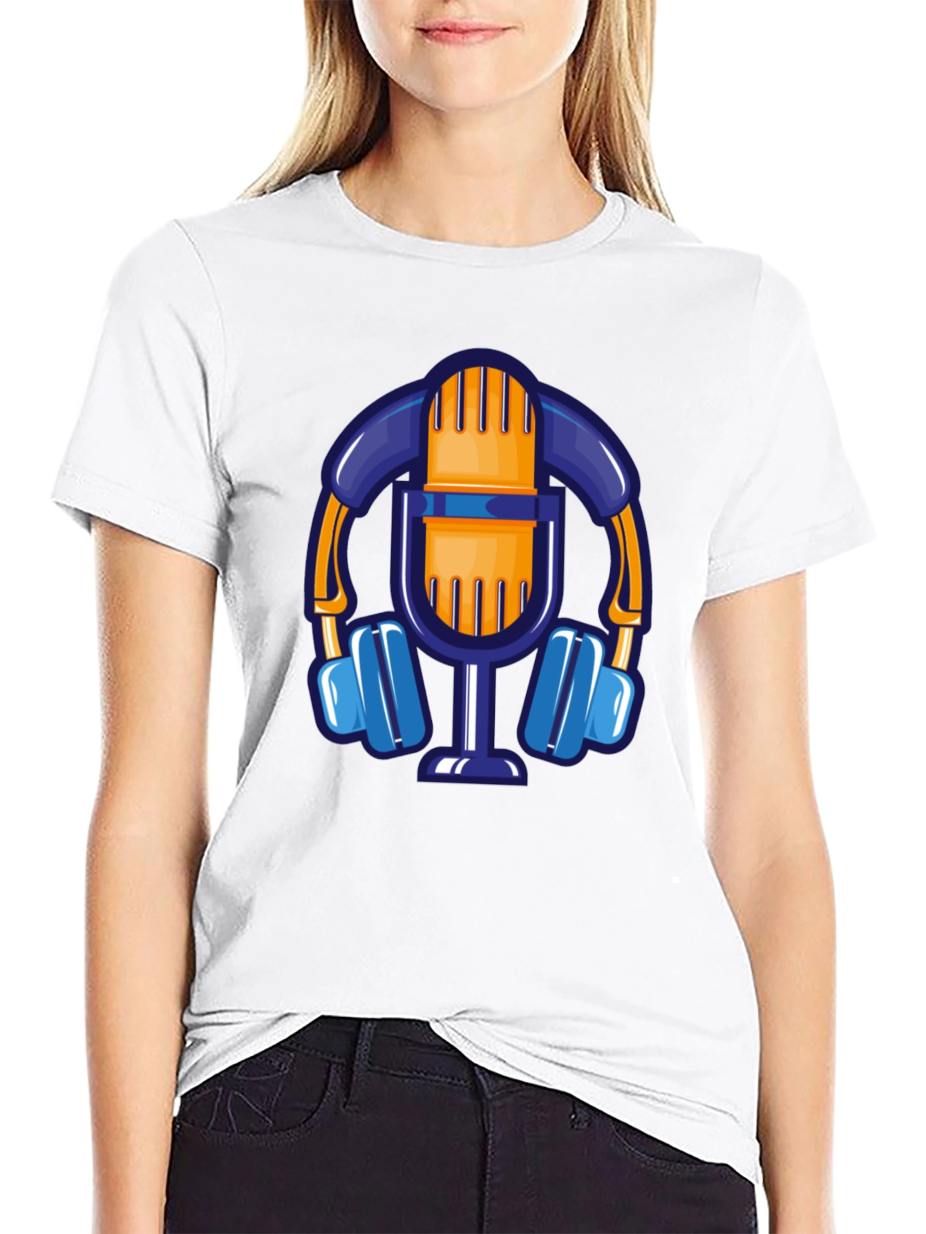 Cartoon Microphone & Headphone Graphic T-Shirt
