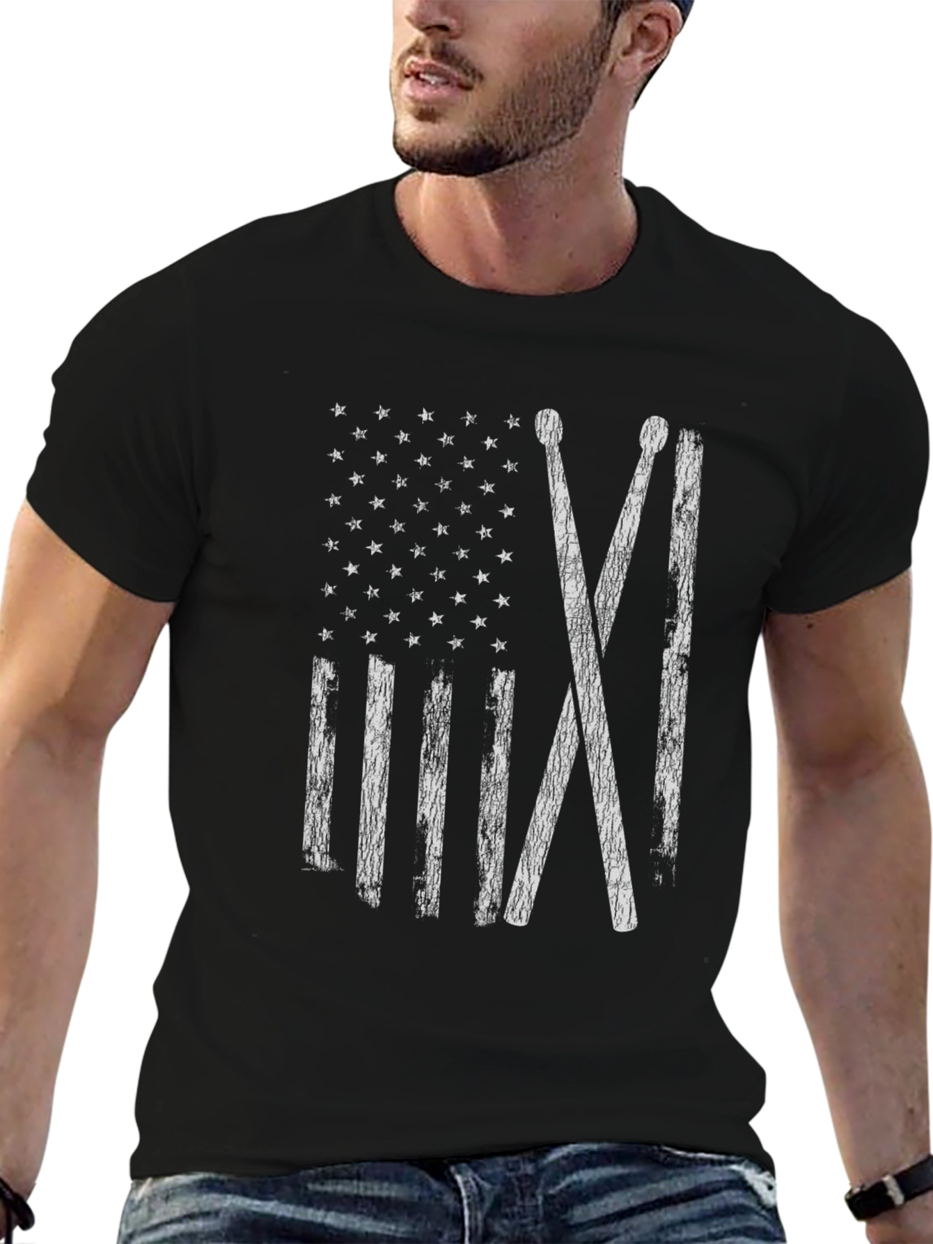 Drum Sticks American Flag Black T-Shirt