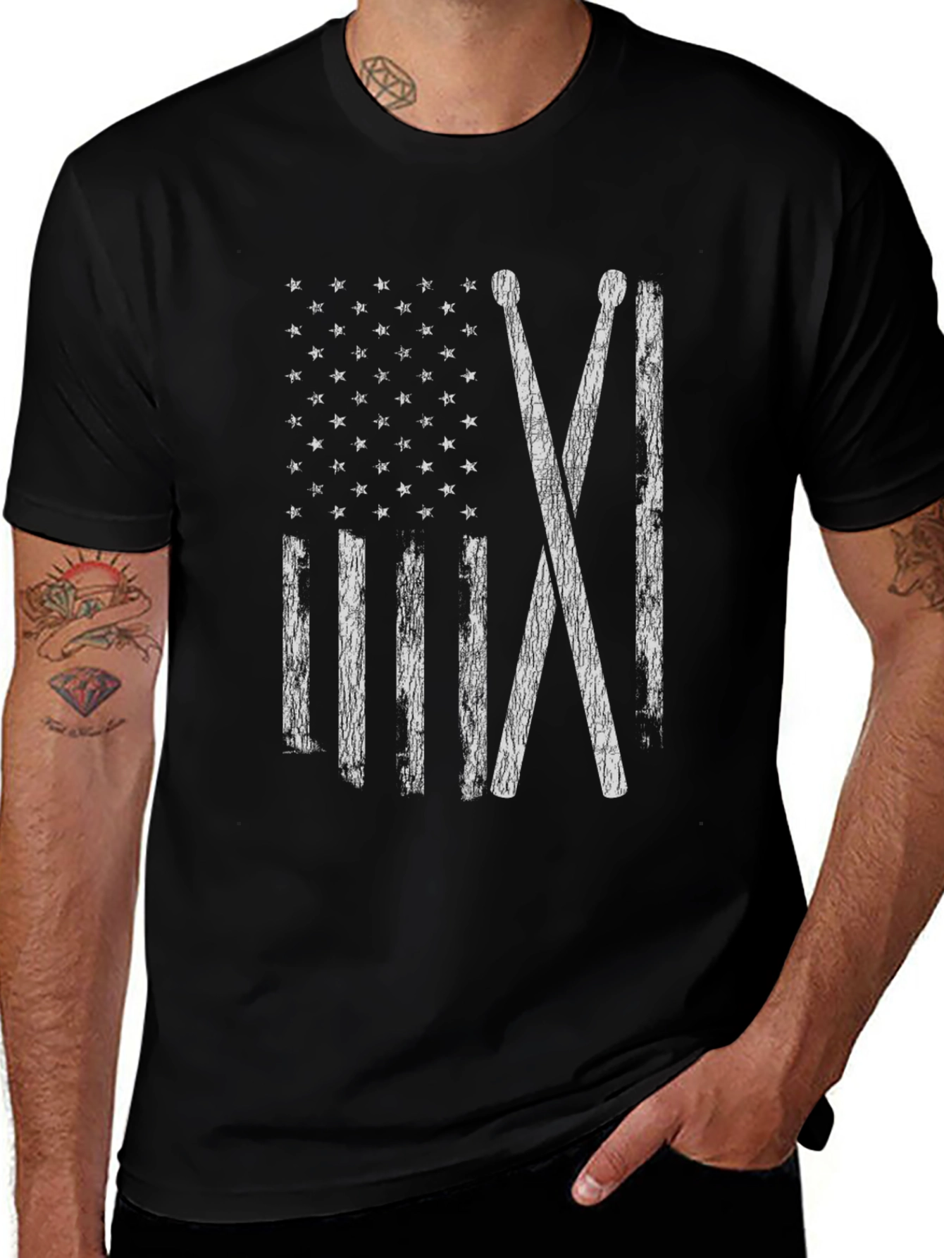 Drum Sticks American Flag Black T-Shirt