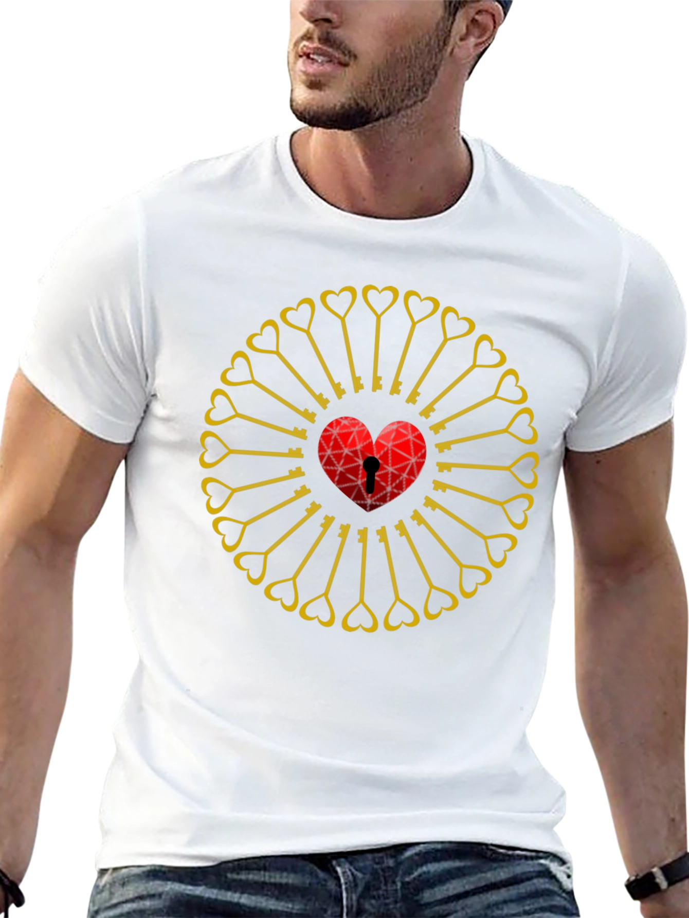 Heart Lock & Key Pattern Black T-Shirt