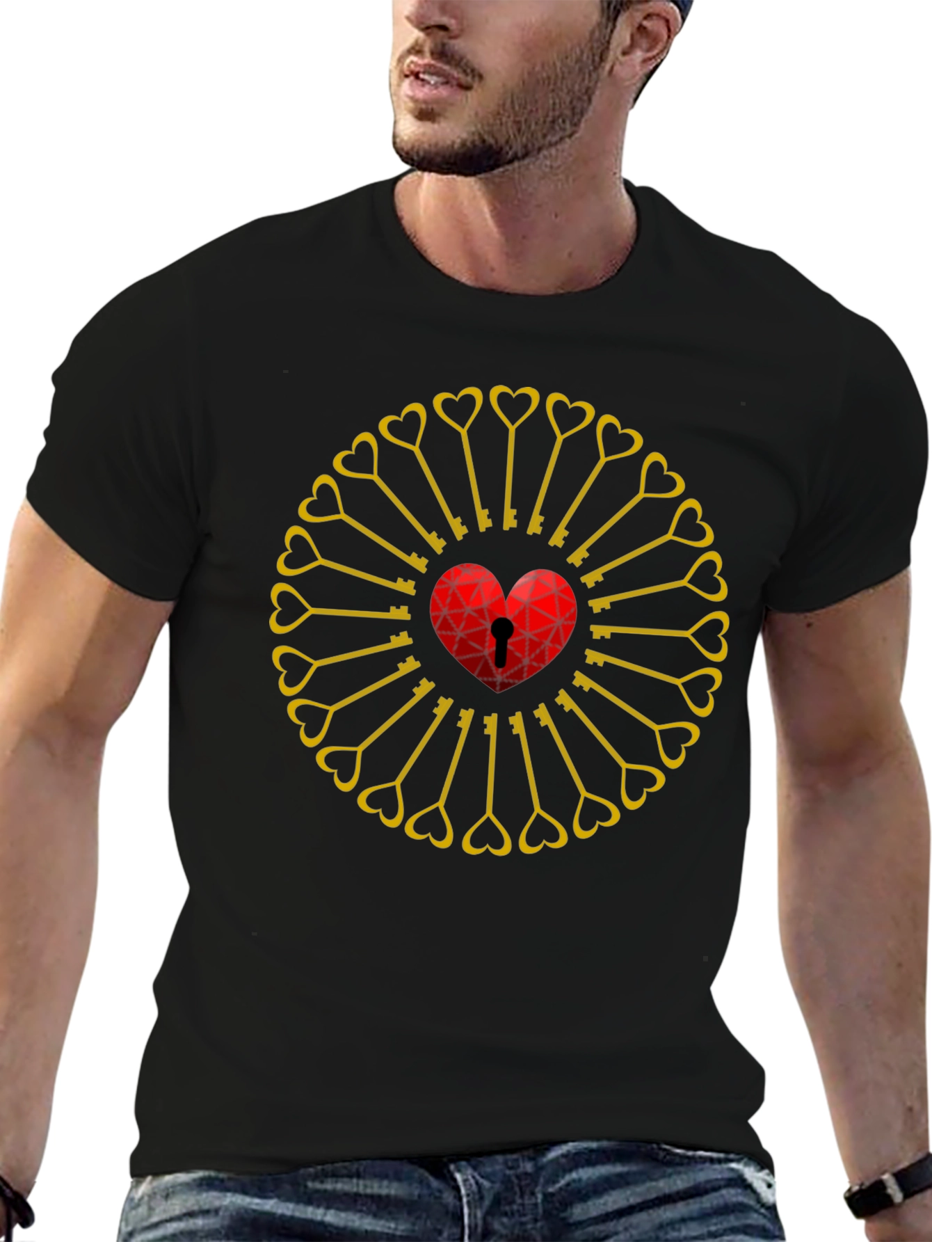 Heart Lock & Key Pattern Black T-Shirt