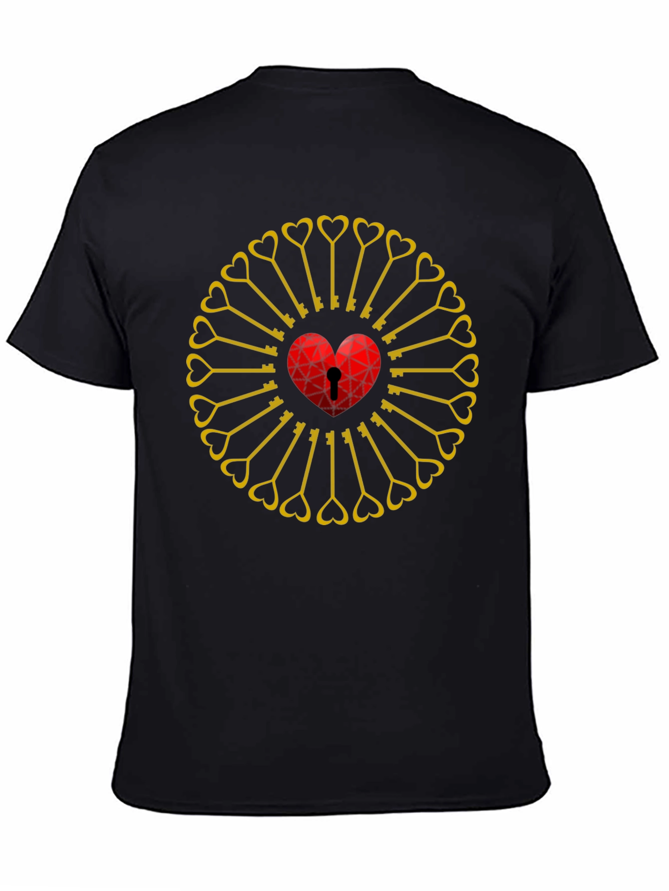 Heart Lock & Key Pattern Black T-Shirt