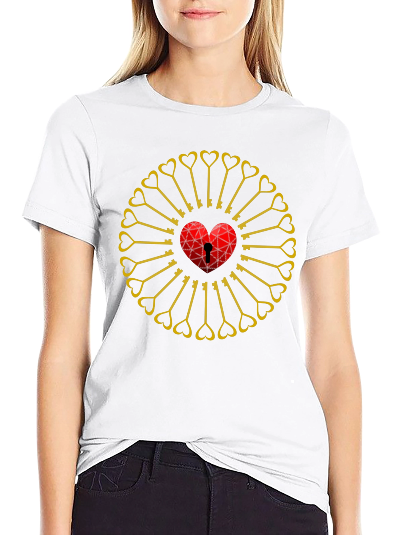 Heart Lock & Key Pattern Black T-Shirt